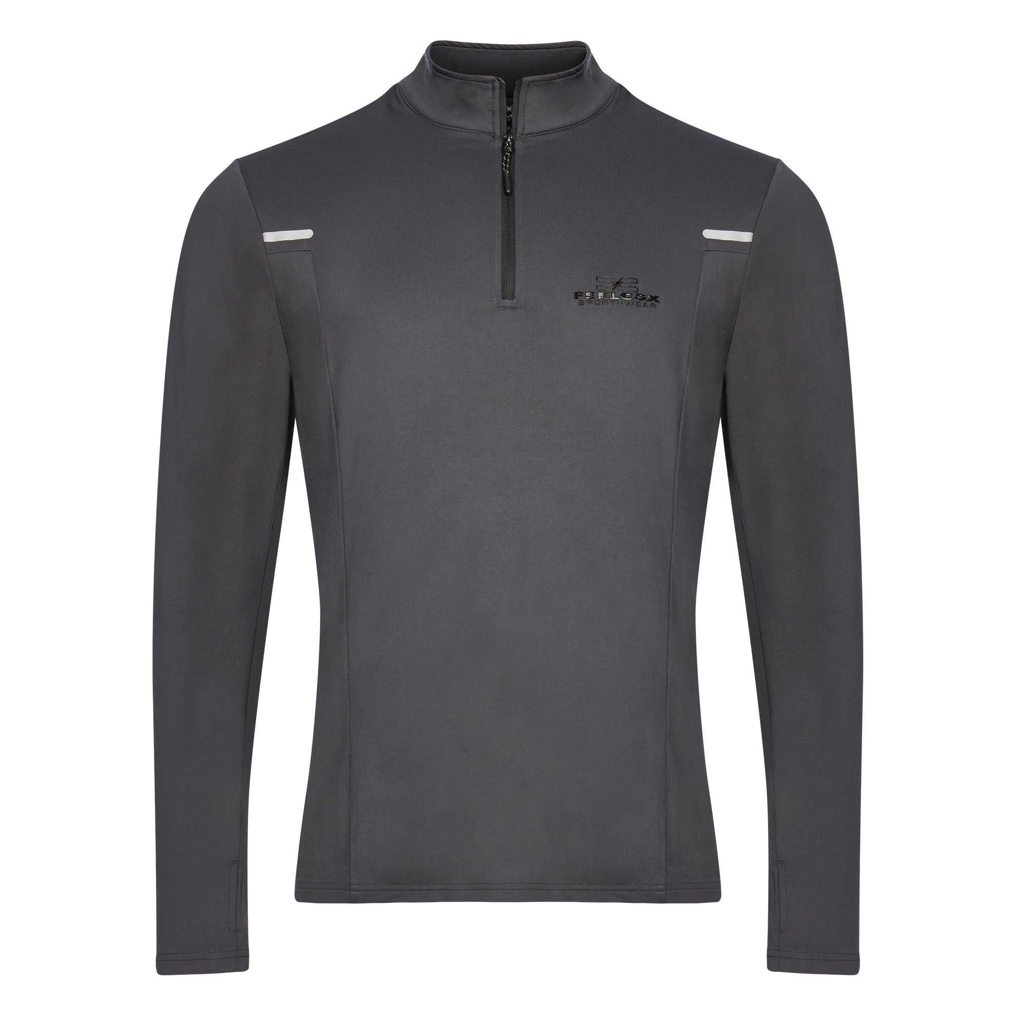 FFX ¼ Reißverschluss Sport Longsleeve Total Power by FEFLOGX Sportswear in grau & schwarz, Longsleeve, Sport Sweatshirt, Sport Sweater, Sport Pullover, Pullover mit Reißverschluss, Sportshirt langarm, vordere Ansicht des grauen Sport Pullover mit Half-Zipper. FFX ¼ Reißverschluss Sport Longsleeve Total Power