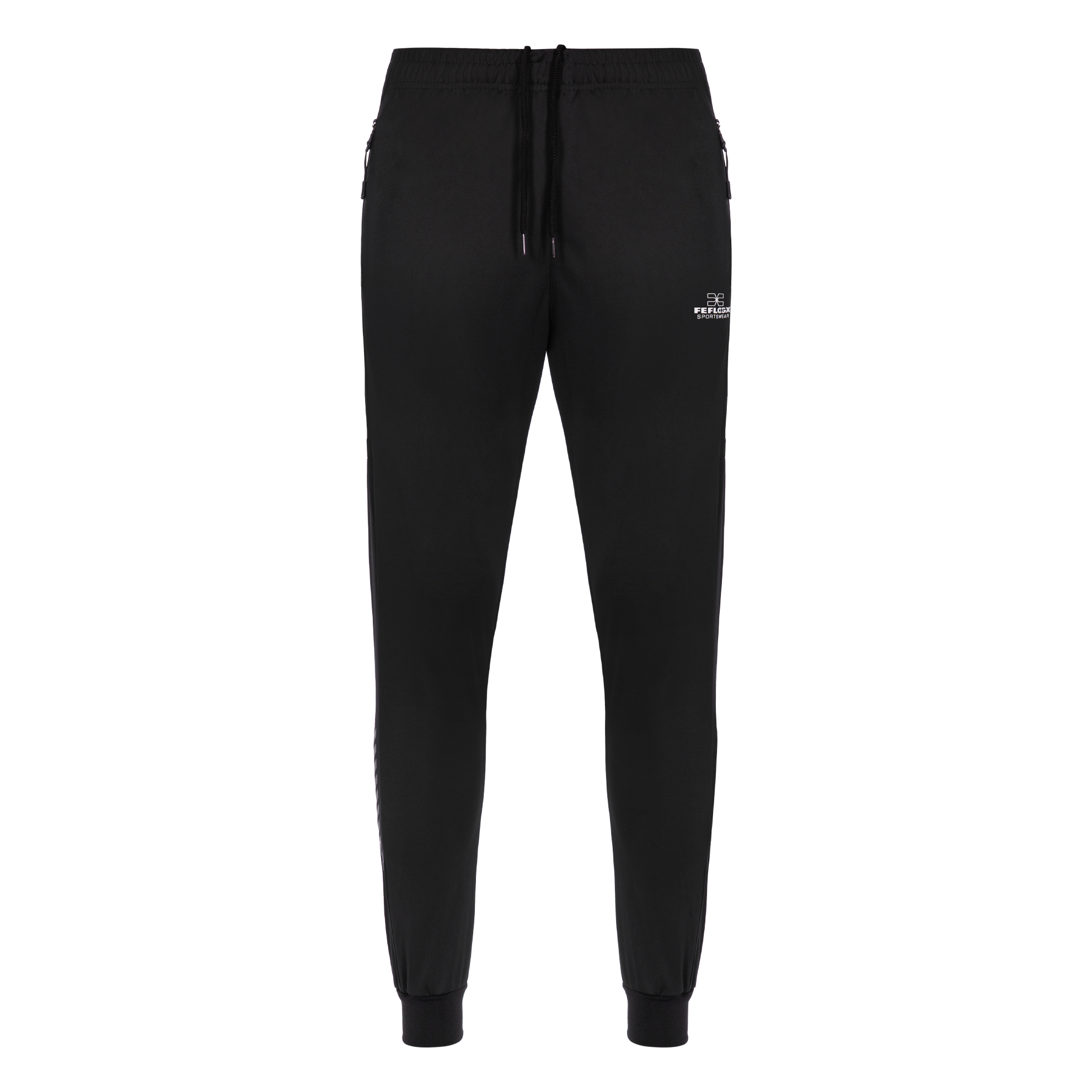 FFX High Performance Trainingshose Fighting Fitness by FEFLOGX Sportswear, Teil des Trainingsanzug: FFX Superior Jogginganzug Absolute Power, Top-Style Trainingshose Herren, Track Pants mit super bequemer Passform, Sporthose mit Handytasche, Herren Jogginghose, Top Jogger, Sport Hose für High Performance, Farben: schwarz, vordere Ansicht der schwarzen Jogging Hose mit Reißverschlusstaschen (2). FFX High Performance Trainingshose Fighting Fitness