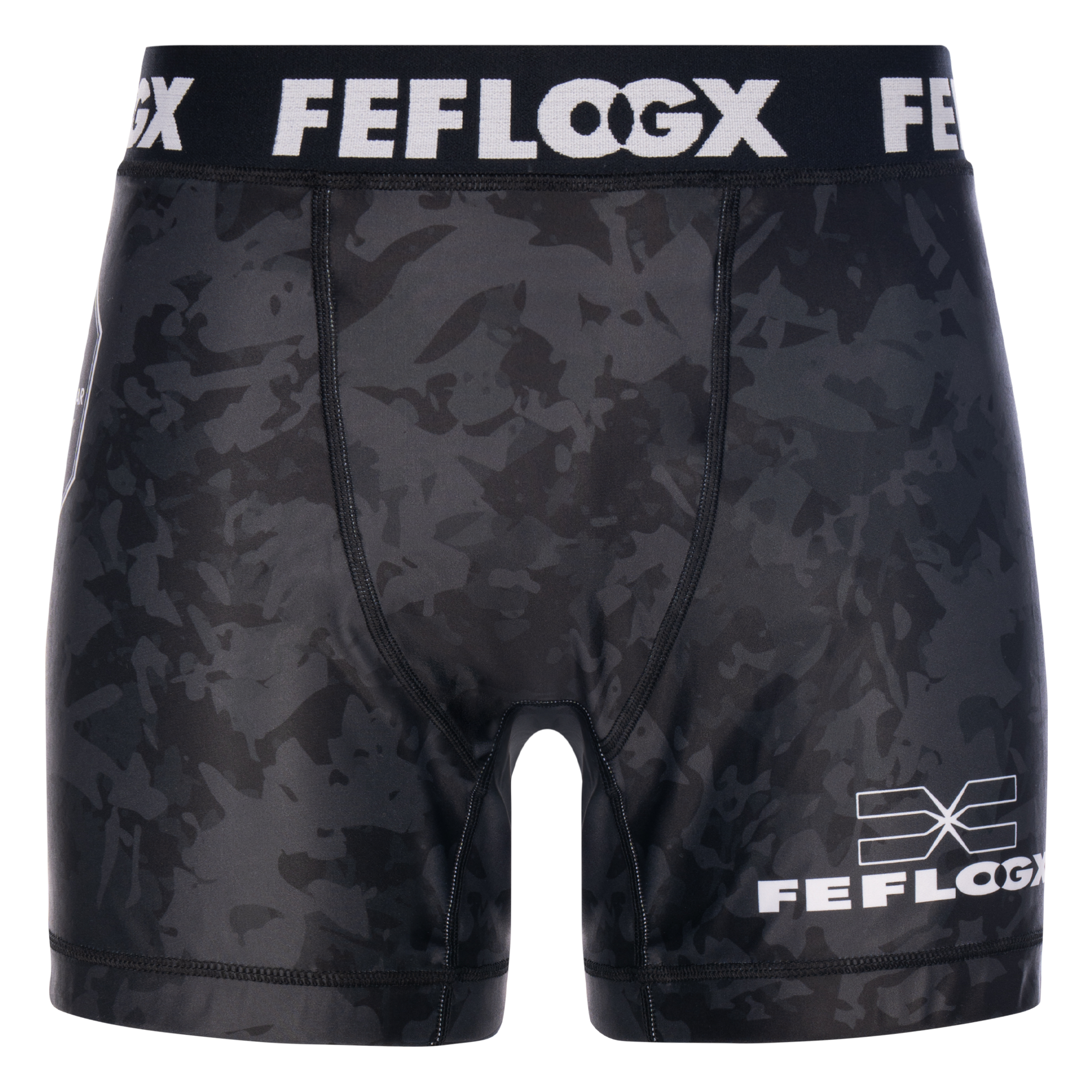 FFX MMA Tight Shorts Fight Performance by FEFLOGX Sportswear in blau, schwarz, rot, Camouflage-black & weiß, Sport Shorts, kurze Sporthose, Fight Shorts, MMA Shorts, Kompressionsshorts, MMA Tight Shorts, kurze Tights, vordere Ansicht der Camouflagen Compression Shorts. FFX MMA Tight Shorts Fight Performance