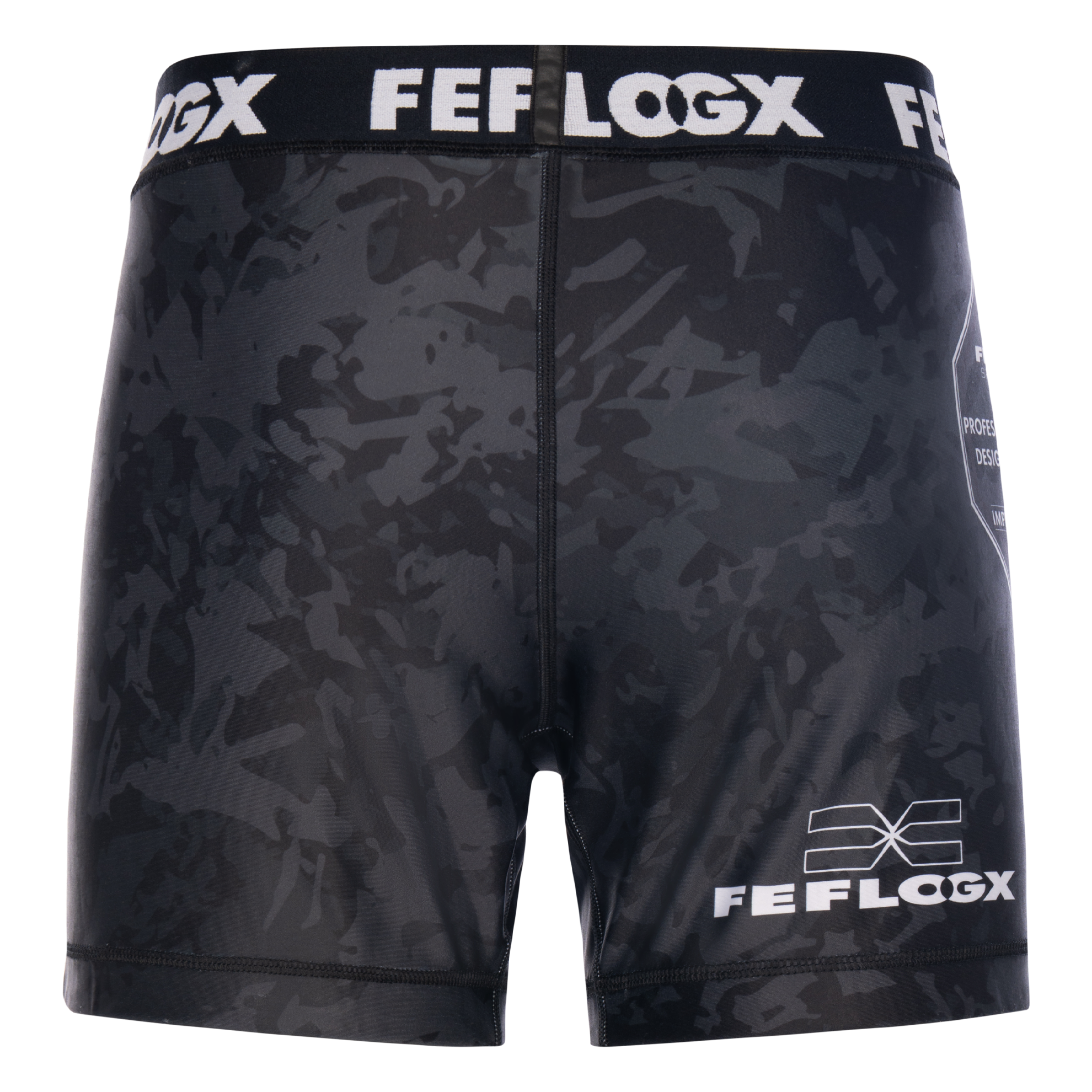FFX MMA Tight Shorts Fight Performance by FEFLOGX Sportswear in blau, schwarz, rot, Camouflage-black & weiß, Sport Shorts, kurze Sporthose, Fight Shorts, MMA Shorts, Kompressionsshorts, MMA Tight Shorts, kurze Tights, hintere Ansicht der Camouflagen Compression Shorts. FFX MMA Tight Shorts Fight Performance