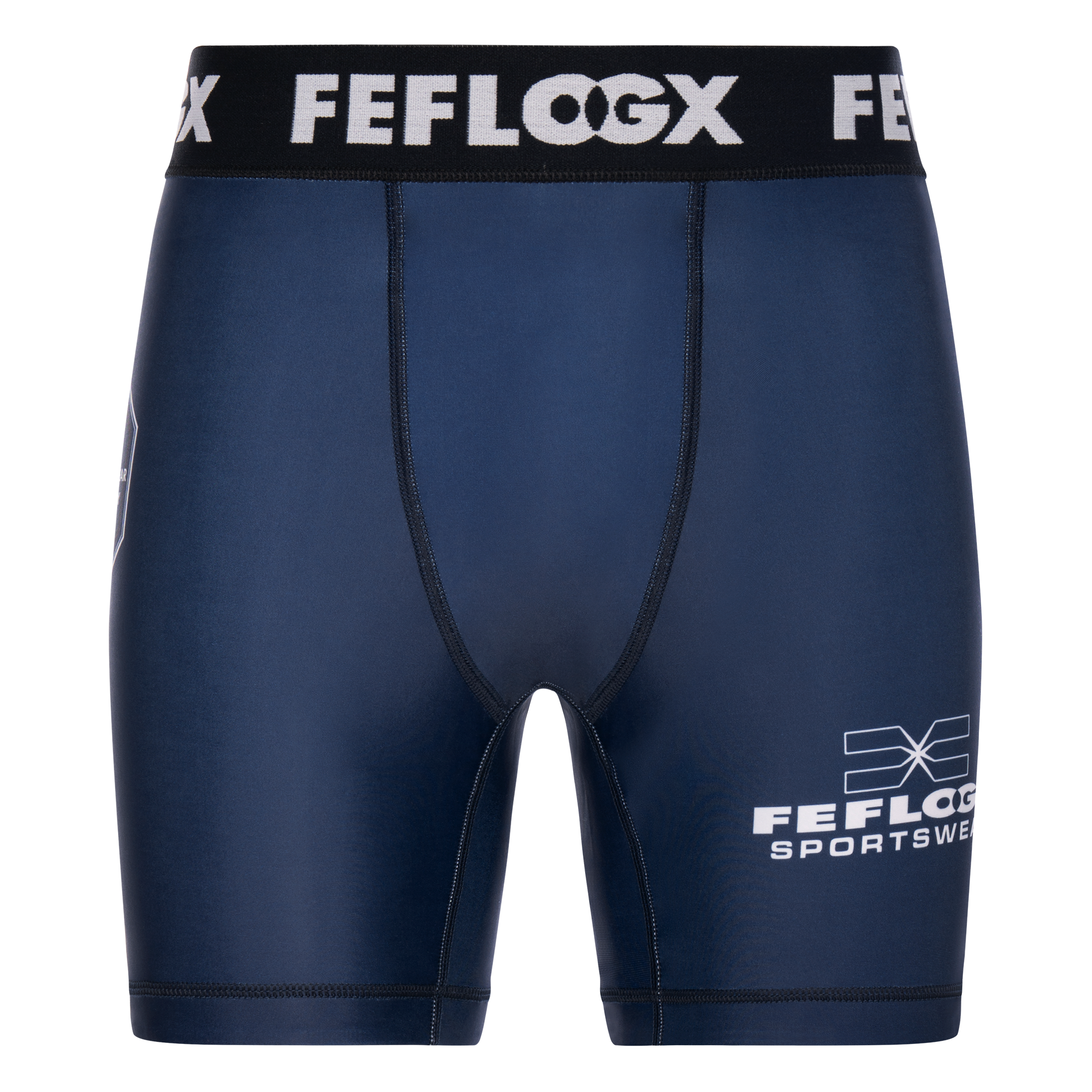FFX MMA Tight Shorts Fight Performance by FEFLOGX Sportswear in blau, schwarz, rot, Camouflage-black & weiß, Sport Shorts, kurze Sporthose, Fight Shorts, MMA Shorts, Kompressionsshorts, MMA Tight Shorts, kurze Tights, vordere Ansicht der blauen Compression Shorts. FFX MMA Tight Shorts Fight Performance