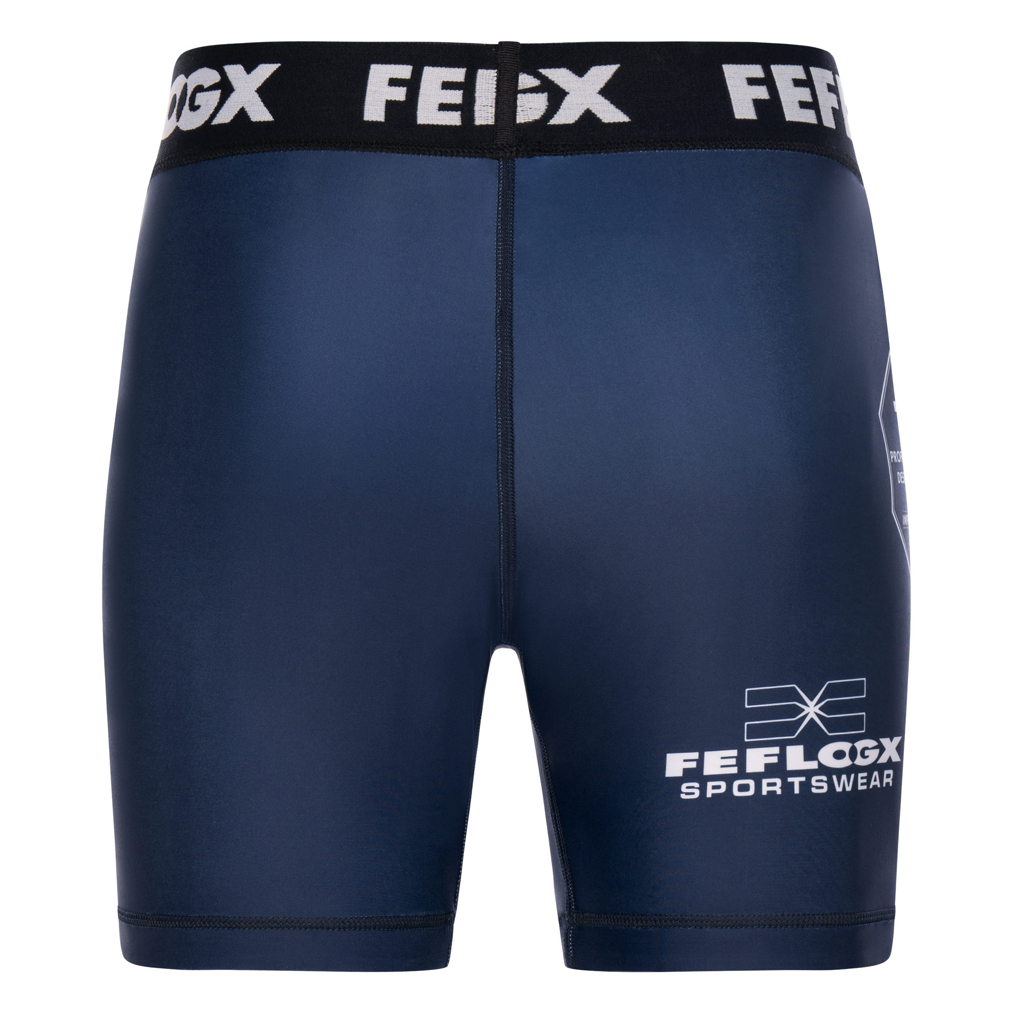 FFX MMA Tight Shorts Fight Performance by FEFLOGX Sportswear in blau, schwarz, rot, Camouflage-black & weiß, Sport Shorts, kurze Sporthose, Fight Shorts, MMA Shorts, Kompressionsshorts, MMA Tight Shorts, kurze Tights, hintere Ansicht der blauen Compression Shorts. FFX MMA Tight Shorts Fight Performance