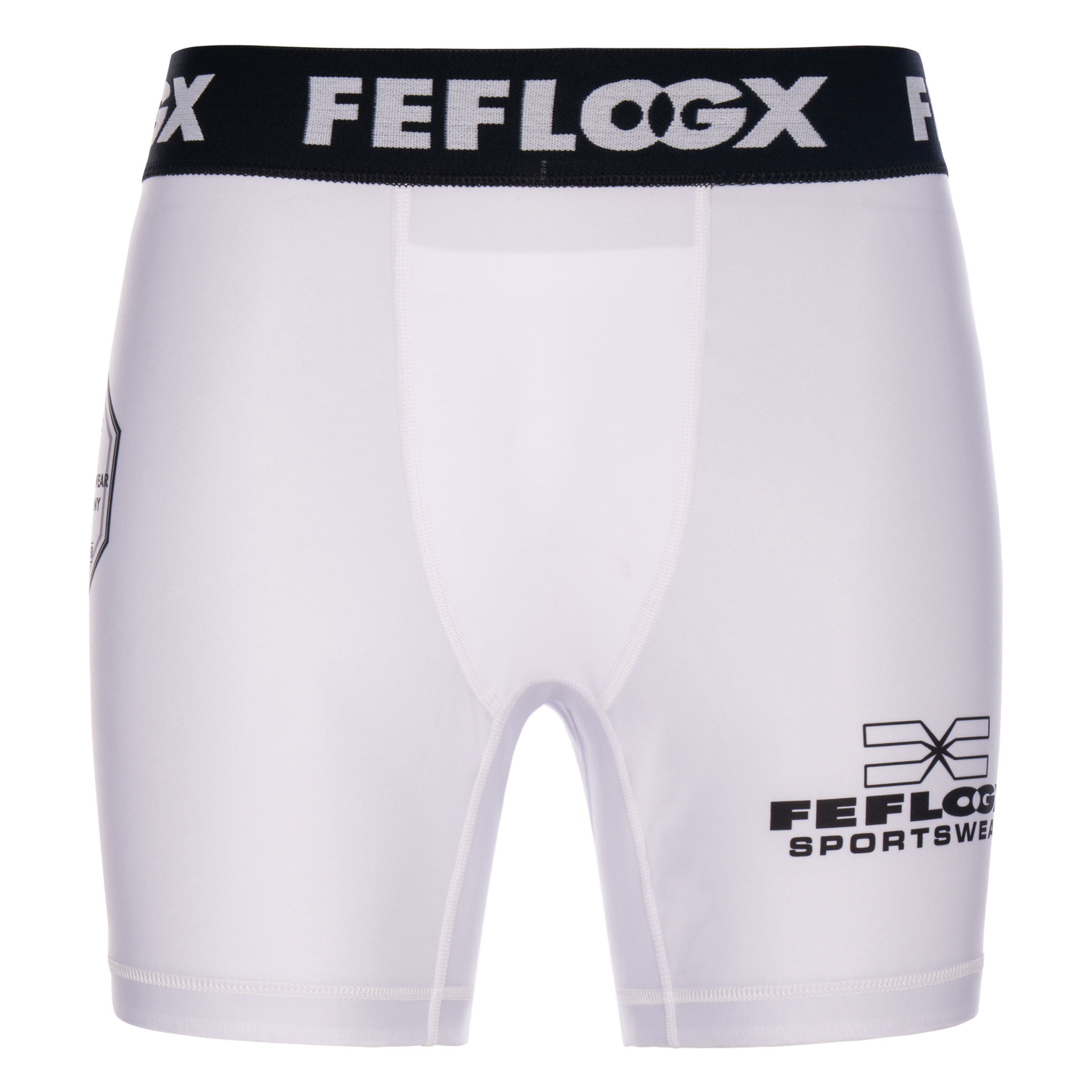 FFX MMA Tight Shorts Fight Performance by FEFLOGX Sportswear in blau, schwarz, rot, Camouflage-black & weiß, Sport Shorts, kurze Sporthose, Fight Shorts, MMA Shorts, Kompressionsshorts, MMA Tight Shorts, kurze Tights, vordere Ansicht der weißen Compression Shorts. FFX MMA Tight Shorts Fight Performance