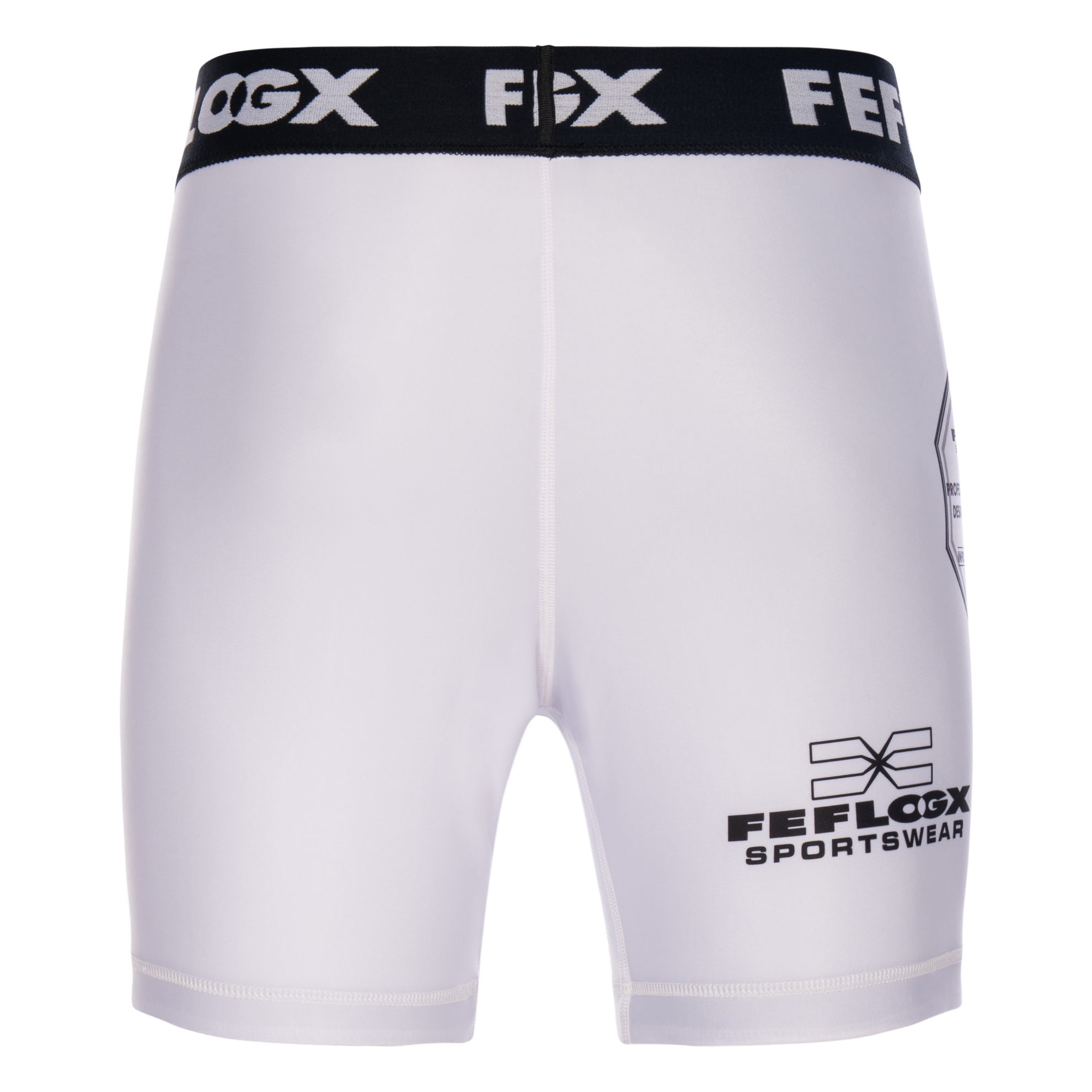 FFX MMA Tight Shorts Fight Performance by FEFLOGX Sportswear in blau, schwarz, rot, Camouflage-black & weiß, Sport Shorts, kurze Sporthose, Fight Shorts, MMA Shorts, Kompressionsshorts, MMA Tight Shorts, kurze Tights, hintere Ansicht der weißen Compression Shorts. FFX MMA Tight Shorts Fight Performance