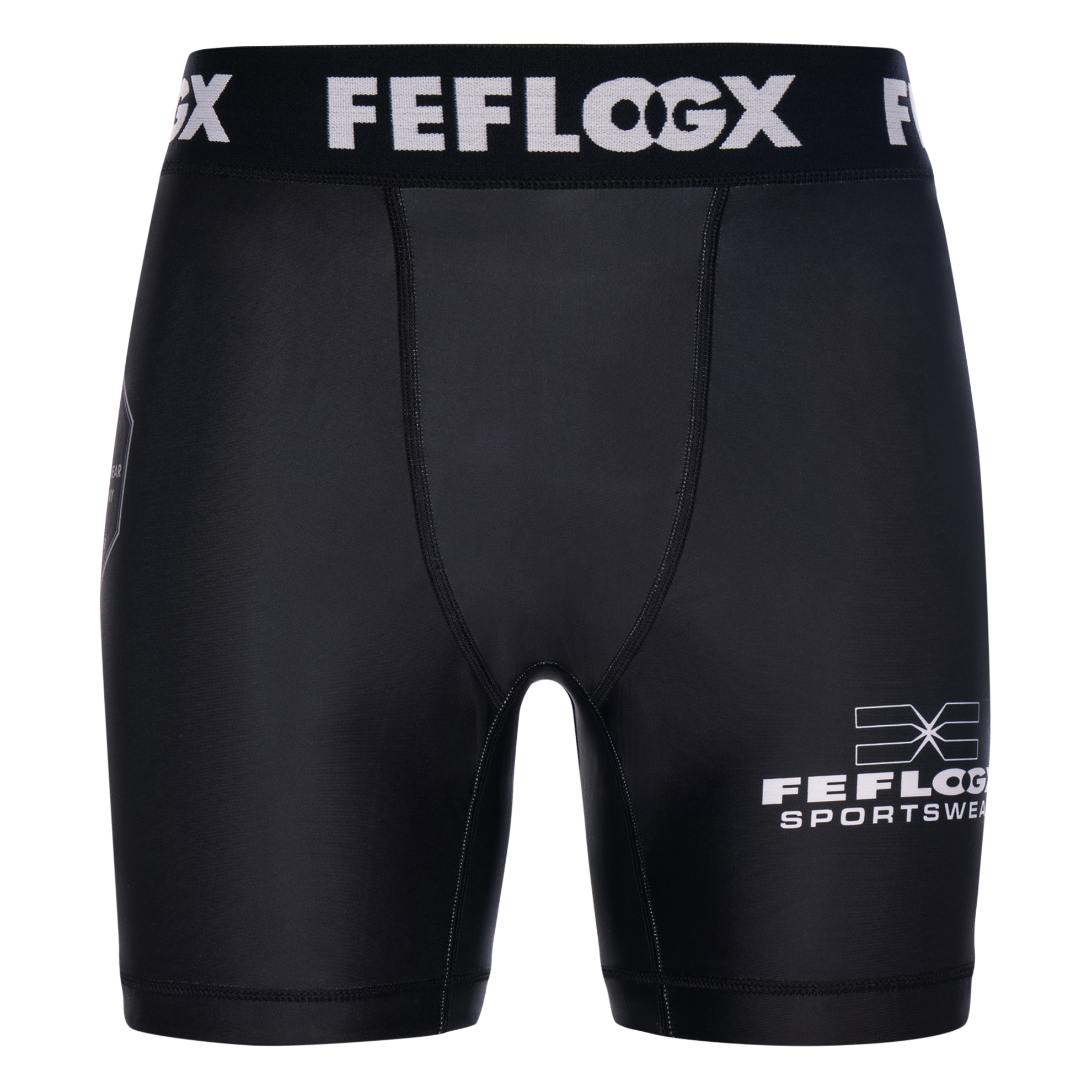 FFX MMA Tight Shorts Fight Performance by FEFLOGX Sportswear in blau, schwarz, rot, Camouflage-black & weiß, Sport Shorts, kurze Sporthose, Fight Shorts, MMA Shorts, Kompressionsshorts, MMA Tight Shorts, kurze Tights, vordere Ansicht der schwarzen Compression Shorts. FFX MMA Tight Shorts Fight Performance