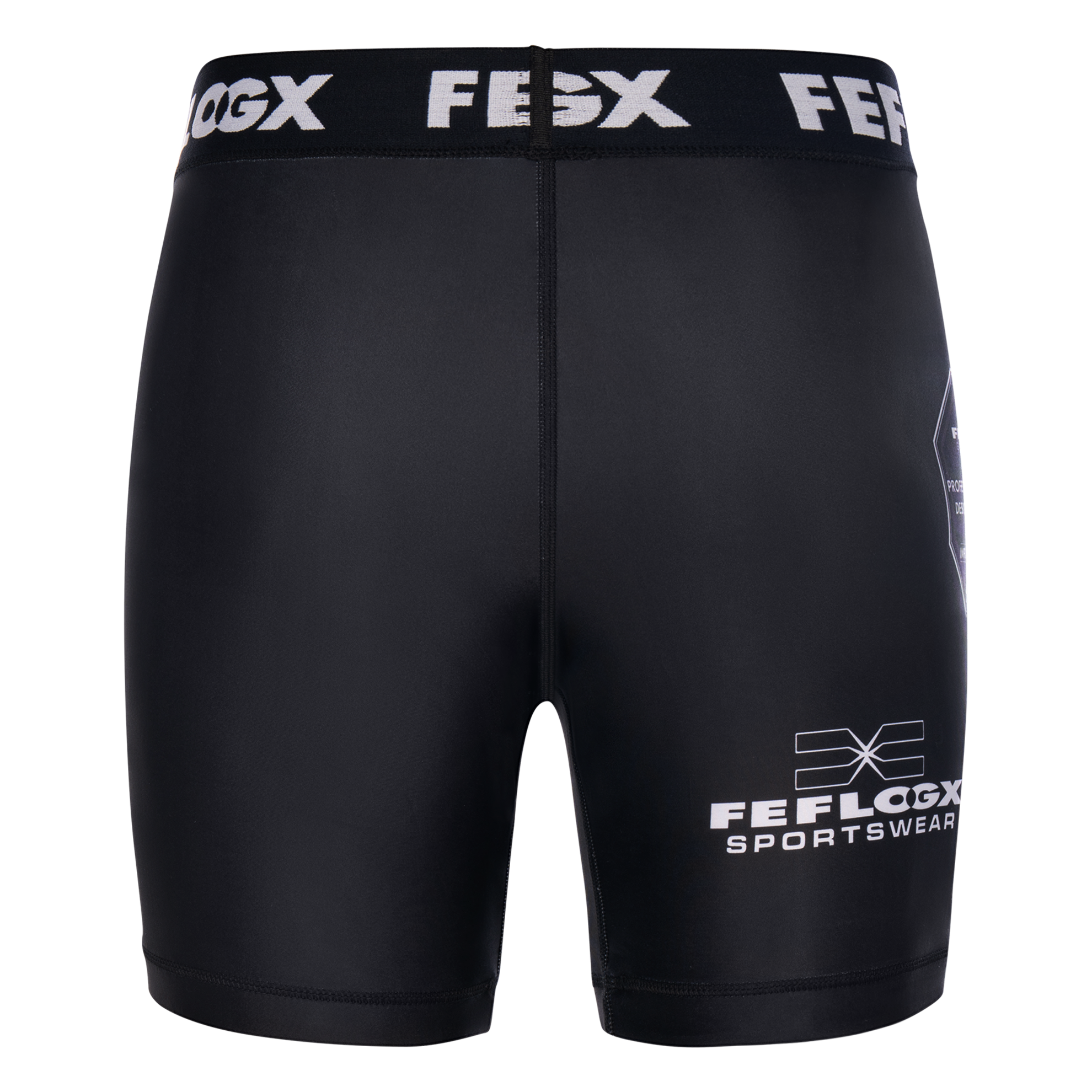 FFX MMA Tight Shorts Fight Performance by FEFLOGX Sportswear in blau, schwarz, rot, Camouflage-black & weiß, Sport Shorts, kurze Sporthose, Fight Shorts, MMA Shorts, Kompressionsshorts, MMA Tight Shorts, kurze Tights, hintere Ansicht der schwarzen Compression Shorts. FFX MMA Tight Shorts Fight Performance