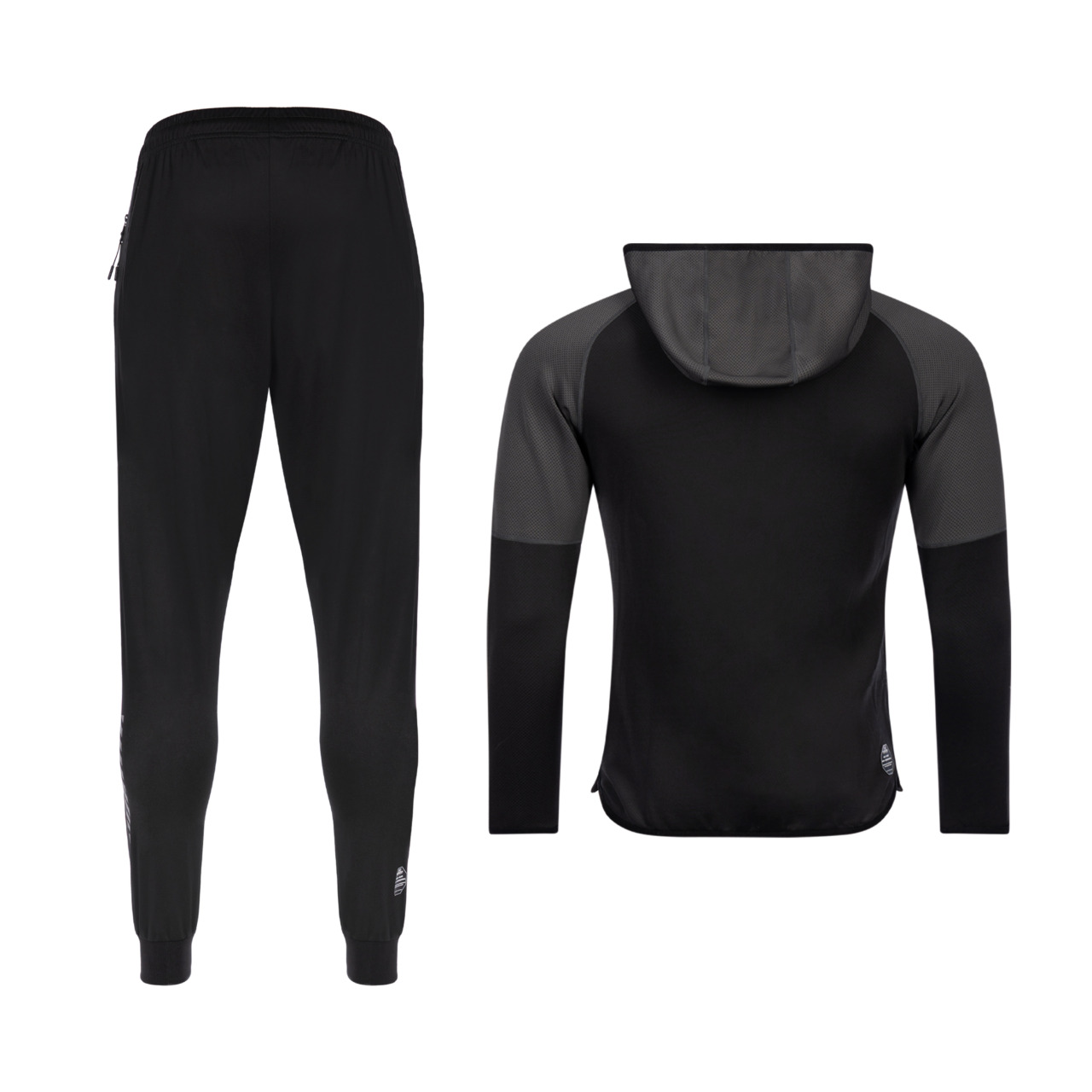 FFX High-Performance Sportanzugs Fighting Fitness von FEFLOGX, Trainingsanzug Herren, Jogginganzug Herren, Track Suit, Sportanzug, Tracksuit, Jogging Anzug, in den Farben schwarz-grau& grau-schwarz, Hinteransicht schwarz-grau. FFX High Performance Trainingsanzug Fighting Fitness