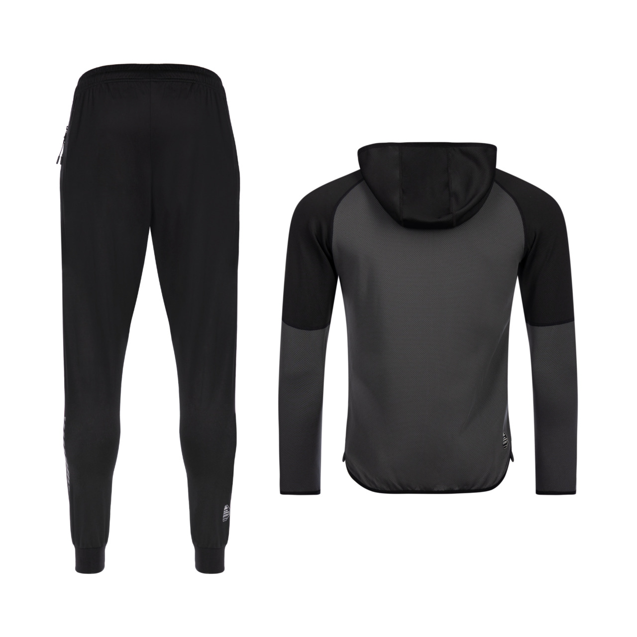 FFX High-Performance Sportanzugs Fighting Fitness von FEFLOGX, Trainingsanzug Herren, Jogginganzug Herren, Track Suit, Sportanzug, Tracksuit, Jogging Anzug, in den Farben schwarz-grau& grau-schwarz, Hinteransicht grau-schwarz. FFX High Performance Trainingsanzug Fighting Fitness