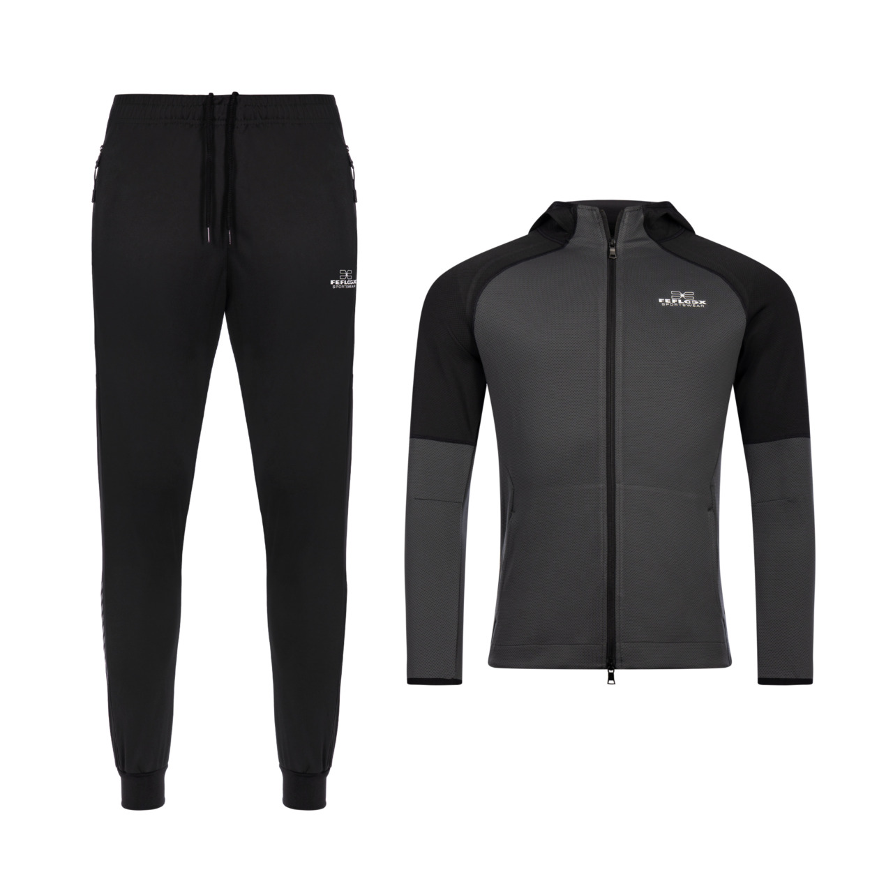 FFX High-Performance Sportanzugs Fighting Fitness von FEFLOGX, Trainingsanzug Herren, Jogginganzug Herren, Track Suit, Sportanzug, Tracksuit, Jogging Anzug, in den Farben schwarz-grau& grau-schwarz, Vorderansicht grau-schwarz. FFX High Performance Trainingsanzug Fighting Fitness