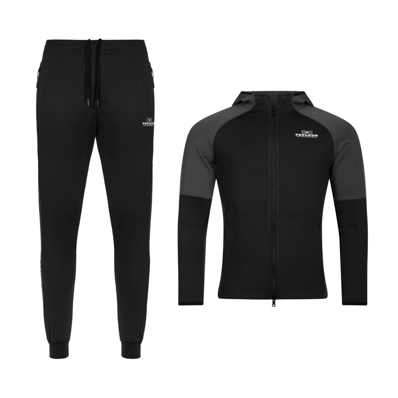FFX High-Performance Sportanzugs Fighting Fitness von FEFLOGX, Trainingsanzug Herren, Jogginganzug Herren, Track Suit, Sportanzug, Tracksuit, Jogging Anzug, in den Farben schwarz-grau& grau-schwarz, Vorderansicht schwarz-grau. FFX High Performance Trainingsanzug Fighting Fitness