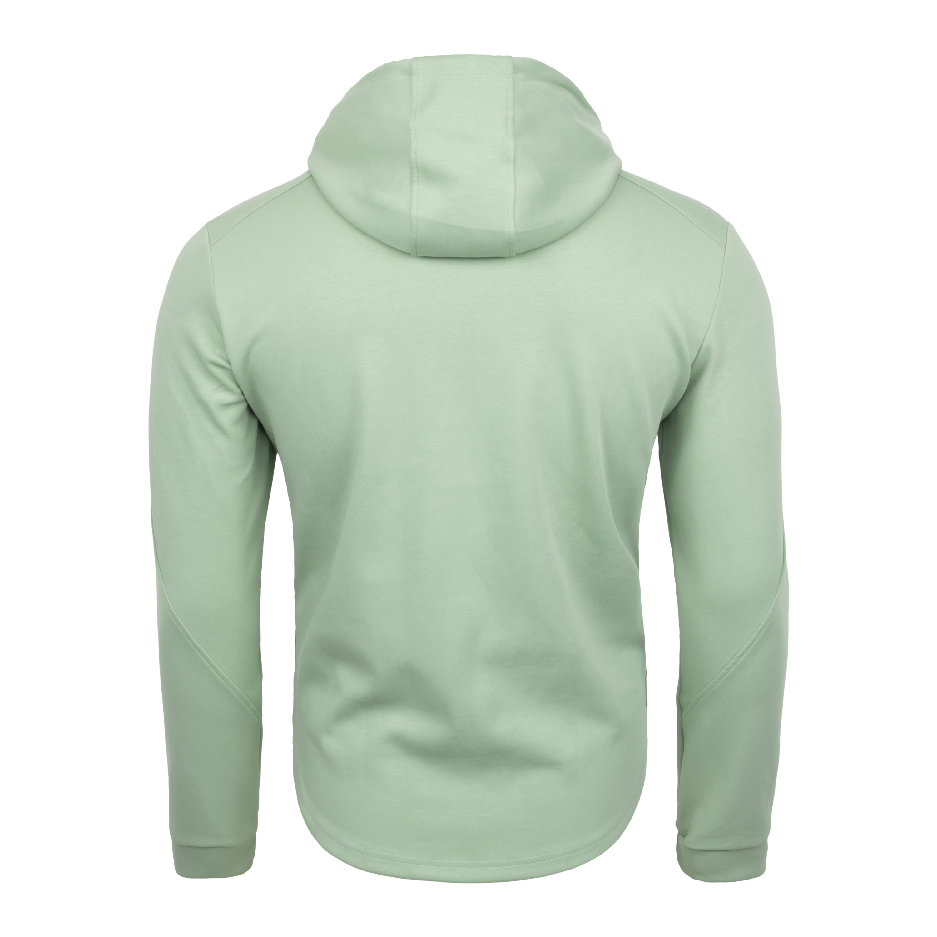 FFX Special Hoody Kapuzenpullover Ultimate Strike by FEFLOGX Sportswear in den Farben grau, blass-grün & schwarz, Sport Hoodie, Basic Hoodie, Sweater, Pullover mit Kapuze, Kapuzenpullover, Gym Hoodie, hintere Ansicht des super-gemütlichen & stilvollen blass-grünen Kapuzen Pullover. FFX Special Hoody Kapuzenpullover Ultimate Strike