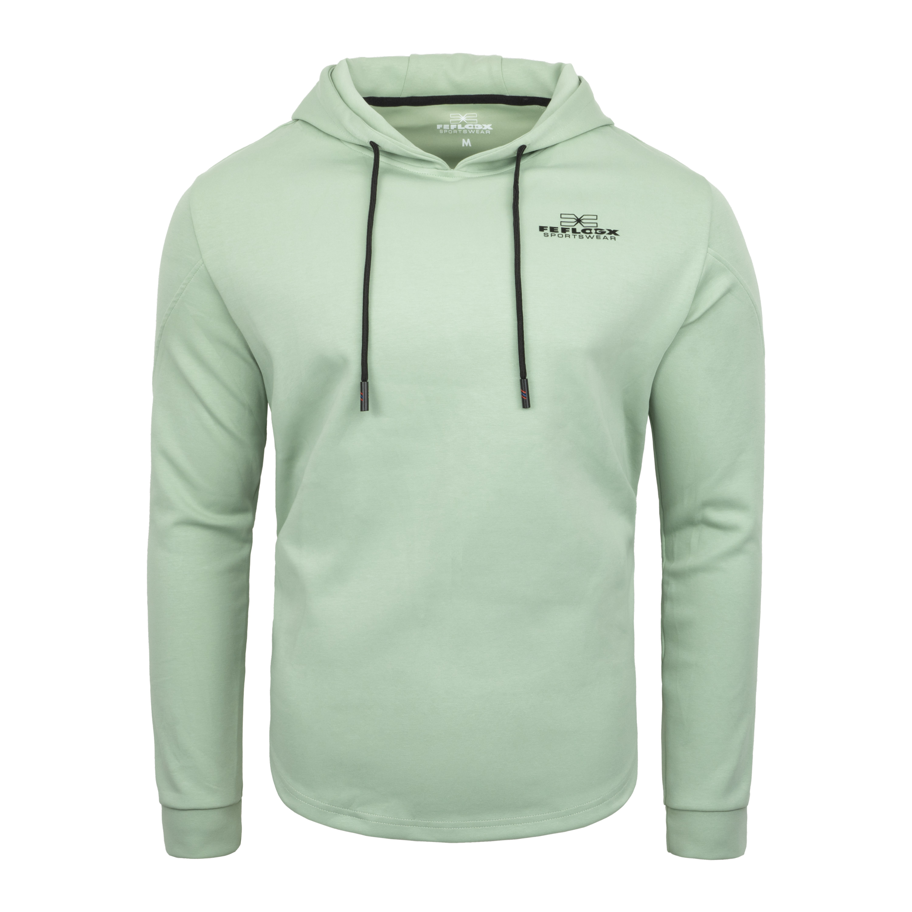 FFX Special Hoody Kapuzenpullover Ultimate Strike by FEFLOGX Sportswear in den Farben grau, blass-grün & schwarz, Sport Hoodie, Basic Hoodie, Sweater, Pullover mit Kapuze, Kapuzenpullover, Gym Hoodie, vordere Ansicht des super-gemütlichen & stilvollen blass-grünen Kapuzen Pullover. FFX Special Hoody Kapuzenpullover Ultimate Strike