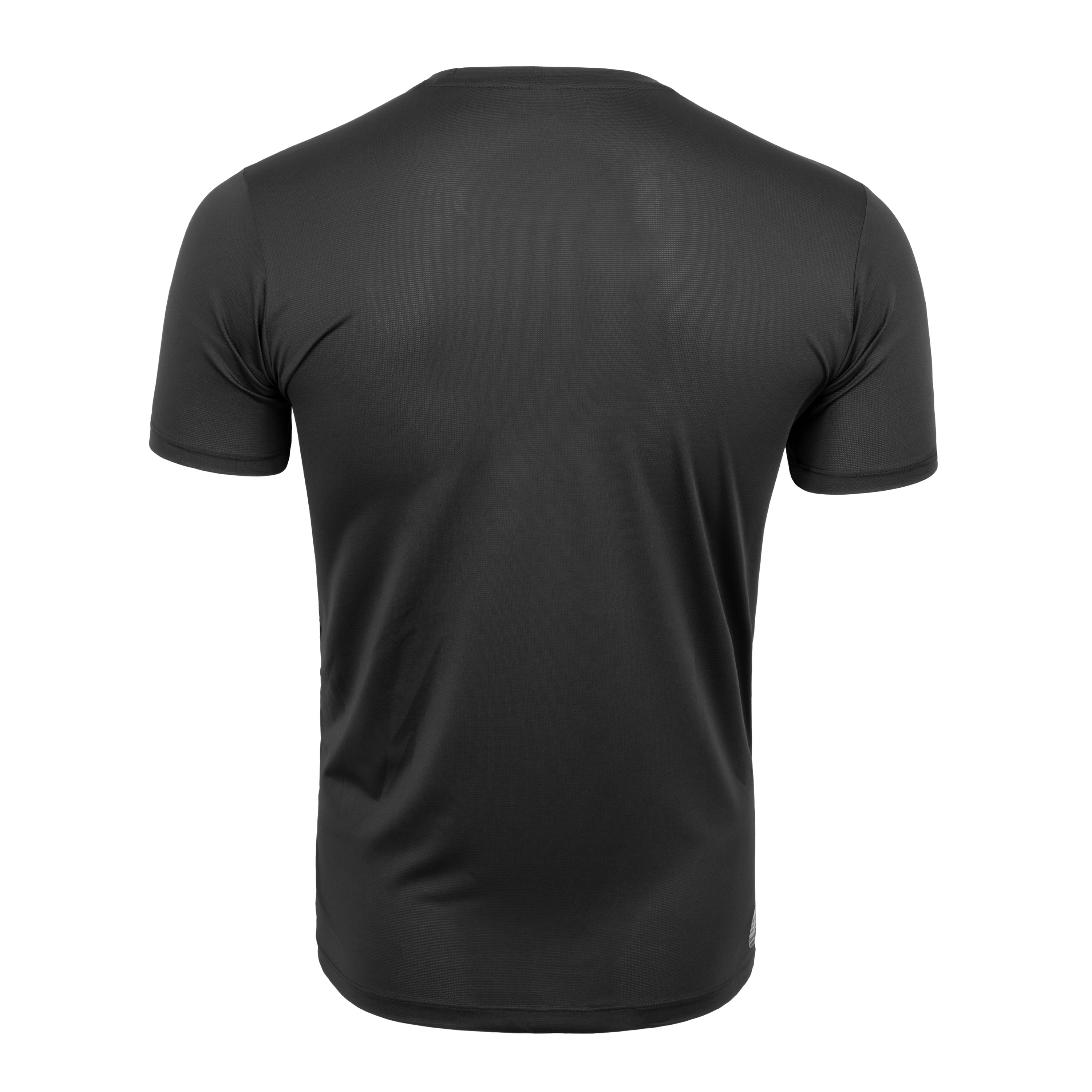 FFX Dry-Fit Stretch Laufshirt Tech Force by FEFLOGX Sportswear, super bequem, leicht & schnelltrocknen, sowie atmungsaktiv, Sportshirt, Sport Shirt, Meshshirt, Gym Shirt, Dry Tech Shirt, Mesh Shirt, Fitness Shirt, Sport T Shirt, Farben: schwarz, weiß, hintere Ansicht des schwarzen Fitness T Shirt. FFX Dry-Fit Stretch Laufshirt Tech Force