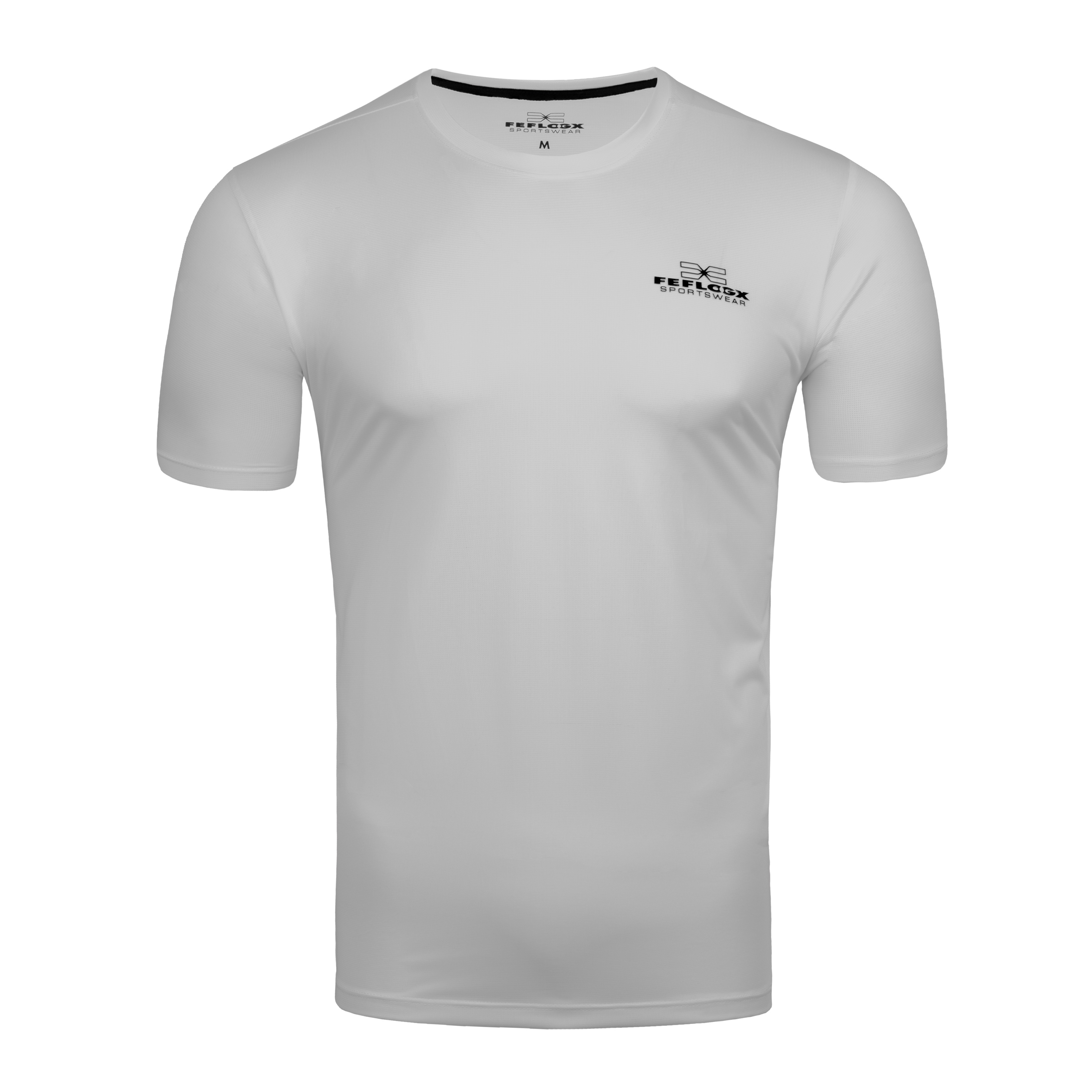 FFX Dry-Fit Stretch Laufshirt Tech Force by FEFLOGX Sportswear, super bequem, leicht & schnelltrocknen, sowie atmungsaktiv, Sportshirt, Sport Shirt, Meshshirt, Gym Shirt, Dry Tech Shirt, Mesh Shirt, Fitness Shirt, Sport T Shirt, Farben: schwarz, weiß, vordere Ansicht des weißen Fitness T Shirt. FFX Dry-Fit Stretch Laufshirt Tech Force