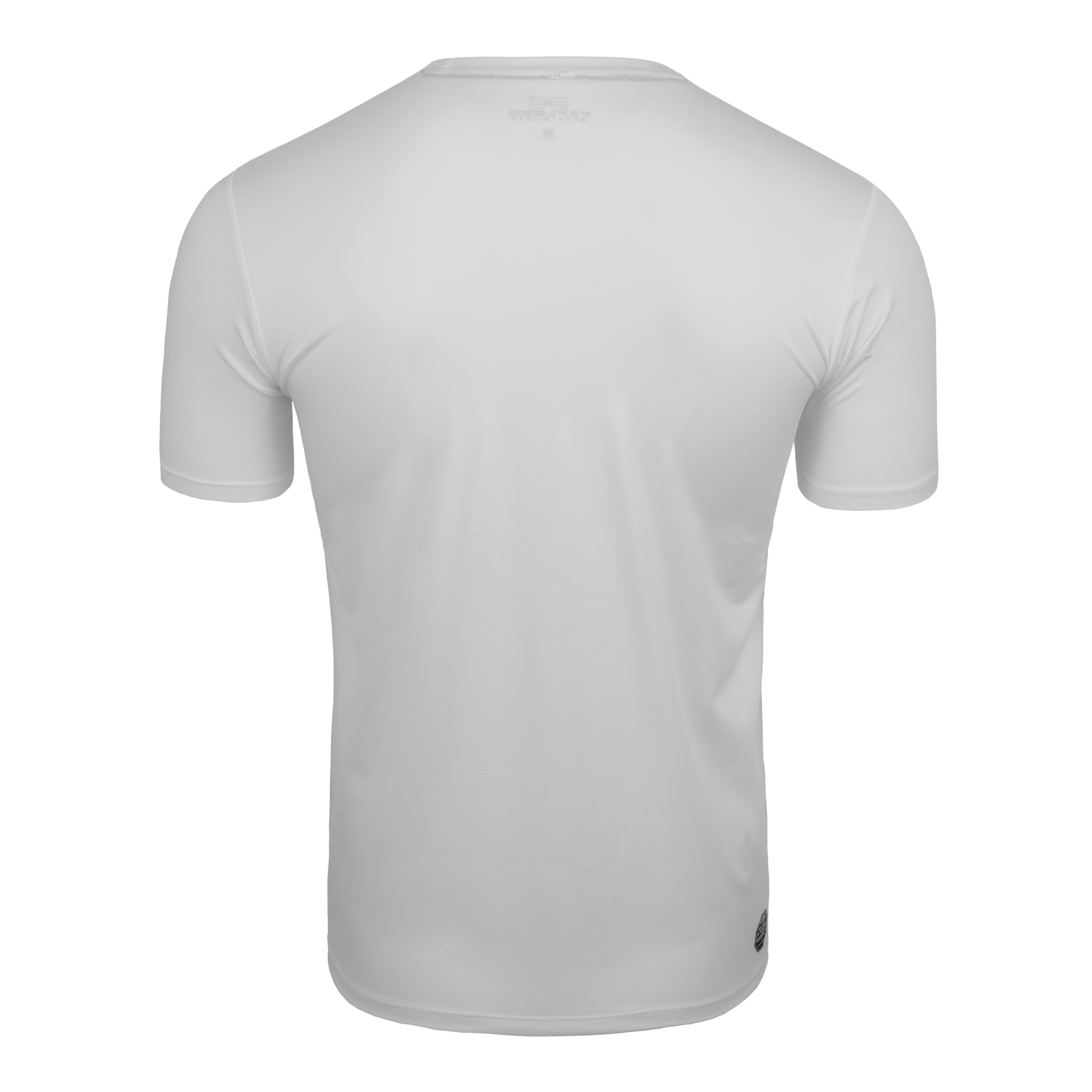 FFX Dry-Fit Stretch Laufshirt Tech Force by FEFLOGX Sportswear, super bequem, leicht & schnelltrocknen, sowie atmungsaktiv, Sportshirt, Sport Shirt, Meshshirt, Gym Shirt, Dry Tech Shirt, Mesh Shirt, Fitness Shirt, Sport T Shirt, Farben: schwarz, weiß, hintere Ansicht des weißen Fitness T Shirt. FFX Dry-Fit Stretch Laufshirt Tech Force