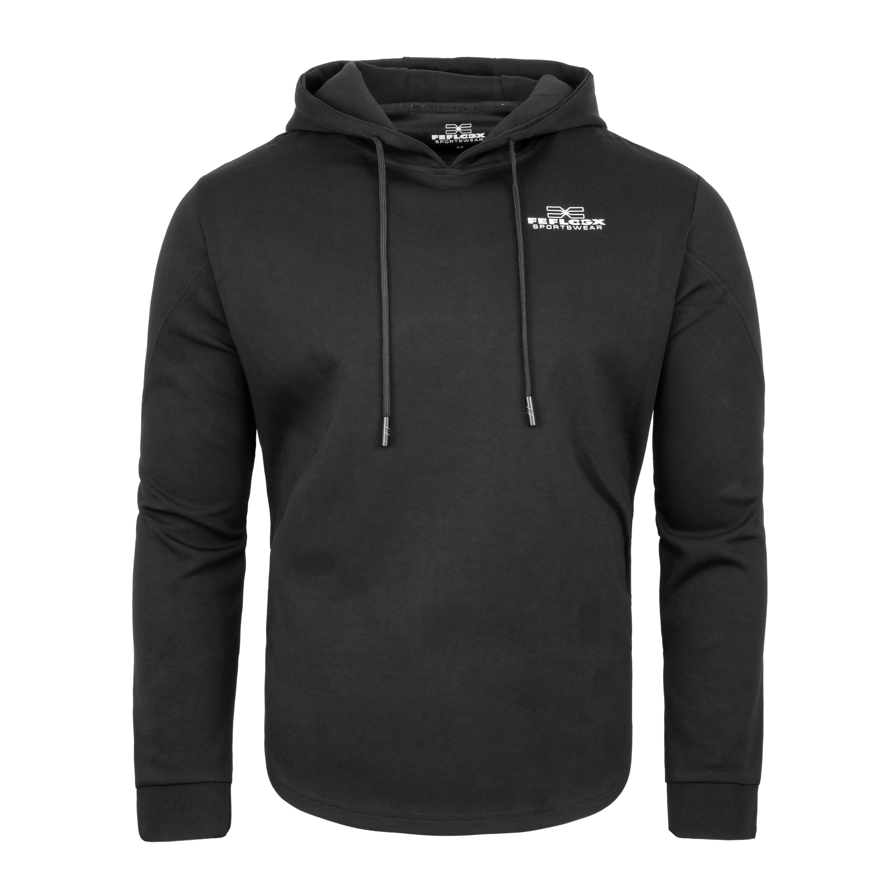 FFX Special Hoody Kapuzenpullover Ultimate Strike by FEFLOGX Sportswear in den Farben grau, blass-grün & schwarz, Sport Hoodie, Basic Hoodie, Sweater, Pullover mit Kapuze, Kapuzenpullover, Gym Hoodie, vordere Ansicht des super-gemütlichen & stilvollen schwarzen Kapuzen Pullover. FFX Special Hoody Kapuzenpullover Ultimate Strike