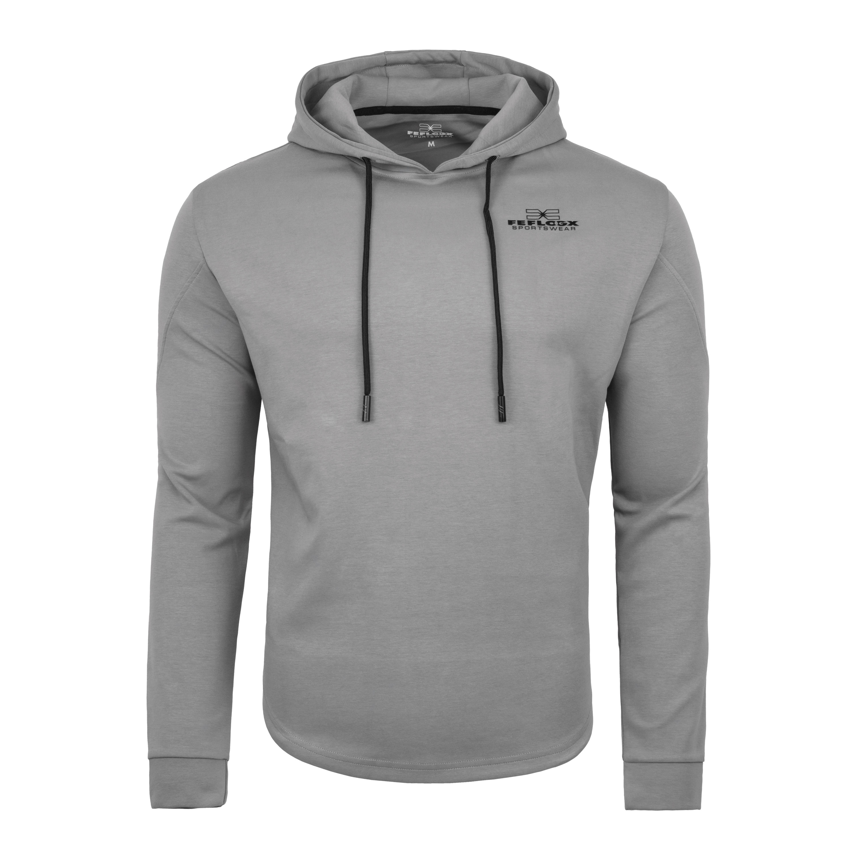 FFX Special Hoody Kapuzenpullover Ultimate Strike by FEFLOGX Sportswear in den Farben grau, blass-grün & schwarz, Sport Hoodie, Basic Hoodie, Sweater, Pullover mit Kapuze, Kapuzenpullover, Gym Hoodie, vordere Ansicht des super-gemütlichen & stilvollen grauen Kapuzen Pullover. FFX Special Hoody Kapuzenpullover Ultimate Strike