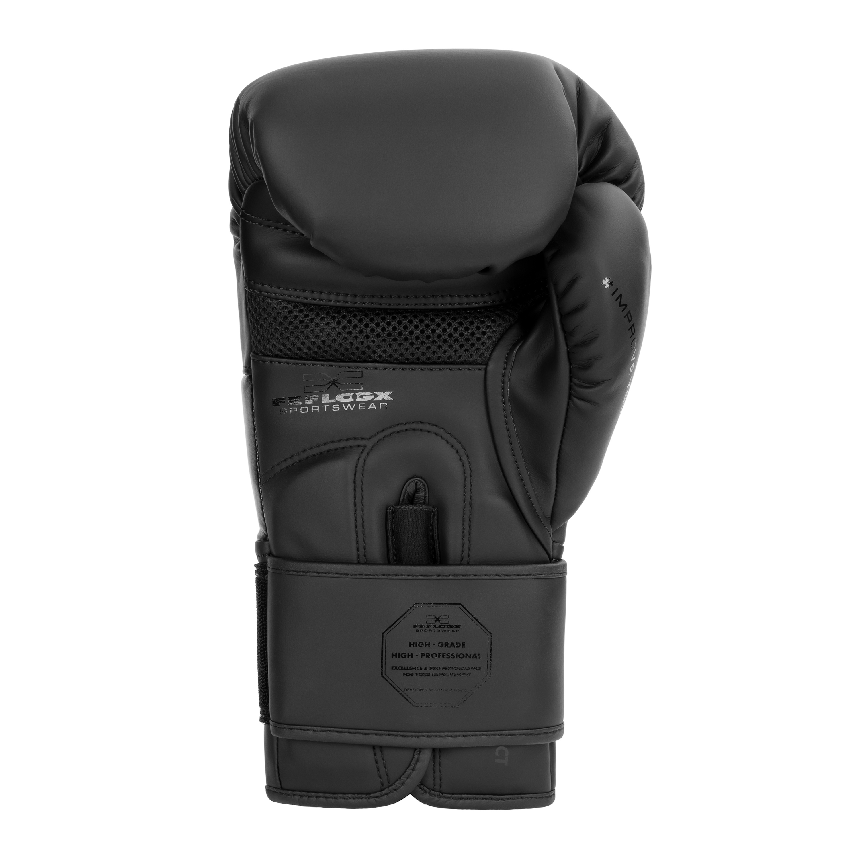 FFX High Level Profi Boxhandschuhe Superior Striker by FEFLOGX, Kickboxhandschuhe, Handschuhe für Boxen & Kickboxen & Muay-Thai, High-professional Boxing Gloves Elite, Handflächen-Ansicht des schwarzen Thaibox Handschuhe. FFX High Level Profi Boxhandschuhe Superior Striker