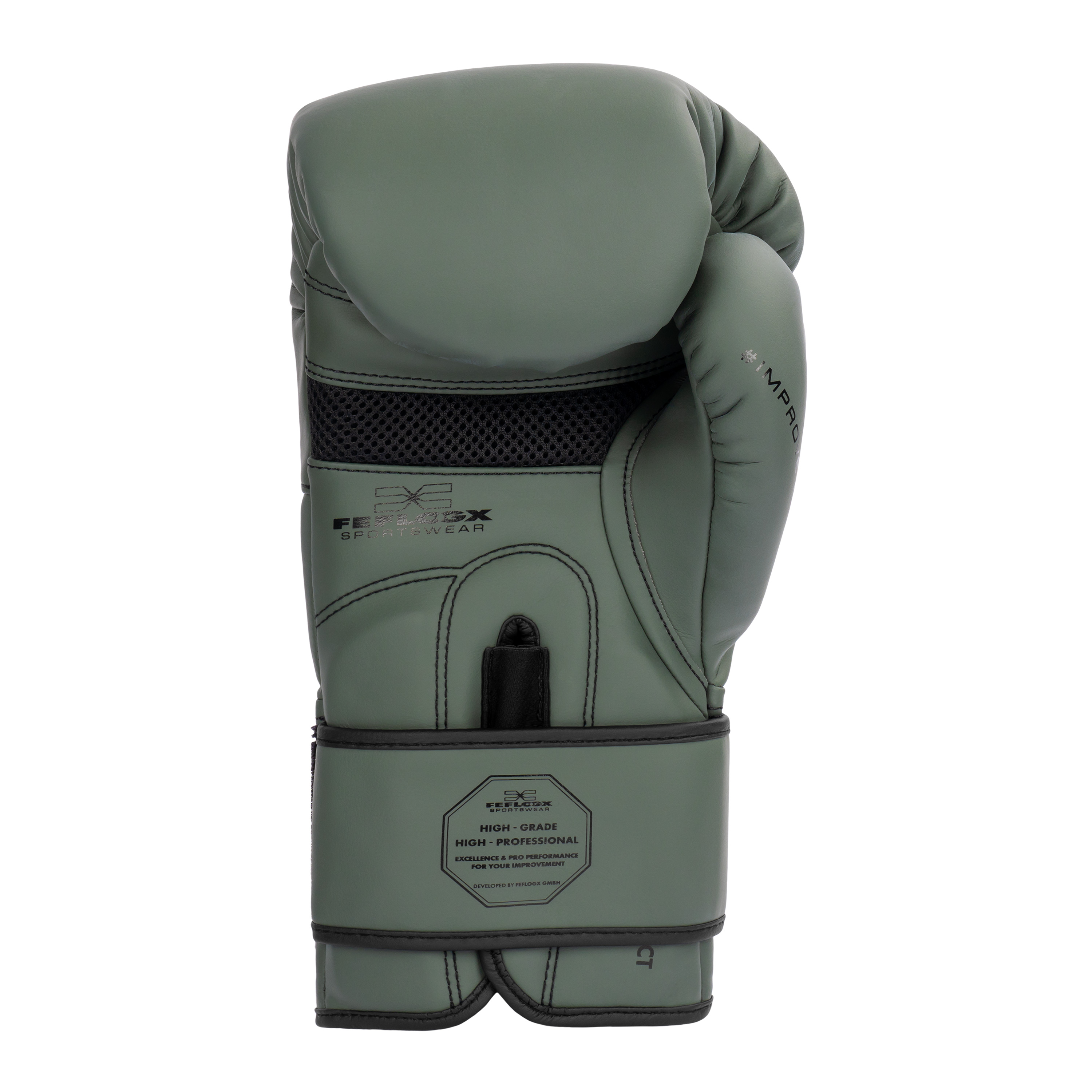 FFX High Level Profi Boxhandschuhe Superior Striker by FEFLOGX, Kickboxhandschuhe, Handschuhe für Boxen & Kickboxen & Muay-Thai, High-professional Boxing Gloves Elite, Handflächen-Ansicht der olivgrünen / militär-grünen Thaibox Handschuhe. FFX High Level Profi Boxhandschuhe Superior Striker