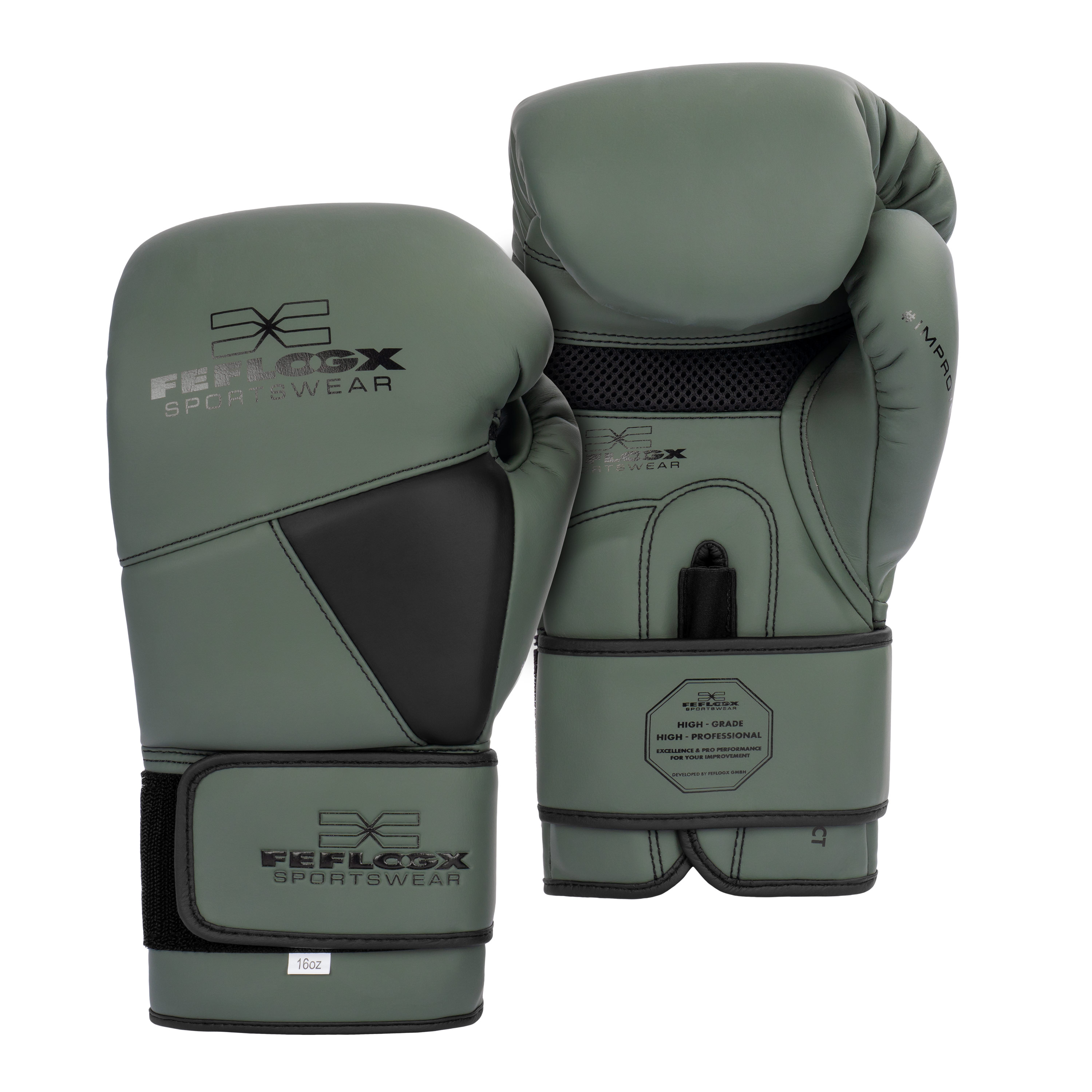 FFX High Level Profi Boxhandschuhe Superior Striker by FEFLOGX, Kickboxhandschuhe, Handschuhe für Boxen & Kickboxen & Muay-Thai, High-professional Boxing Gloves Elite, Handrücken- & Handflächen-Ansicht der olivgrünen / militär-grünen Thaibox Handschuhe. FFX High Level Profi Boxhandschuhe Superior Striker