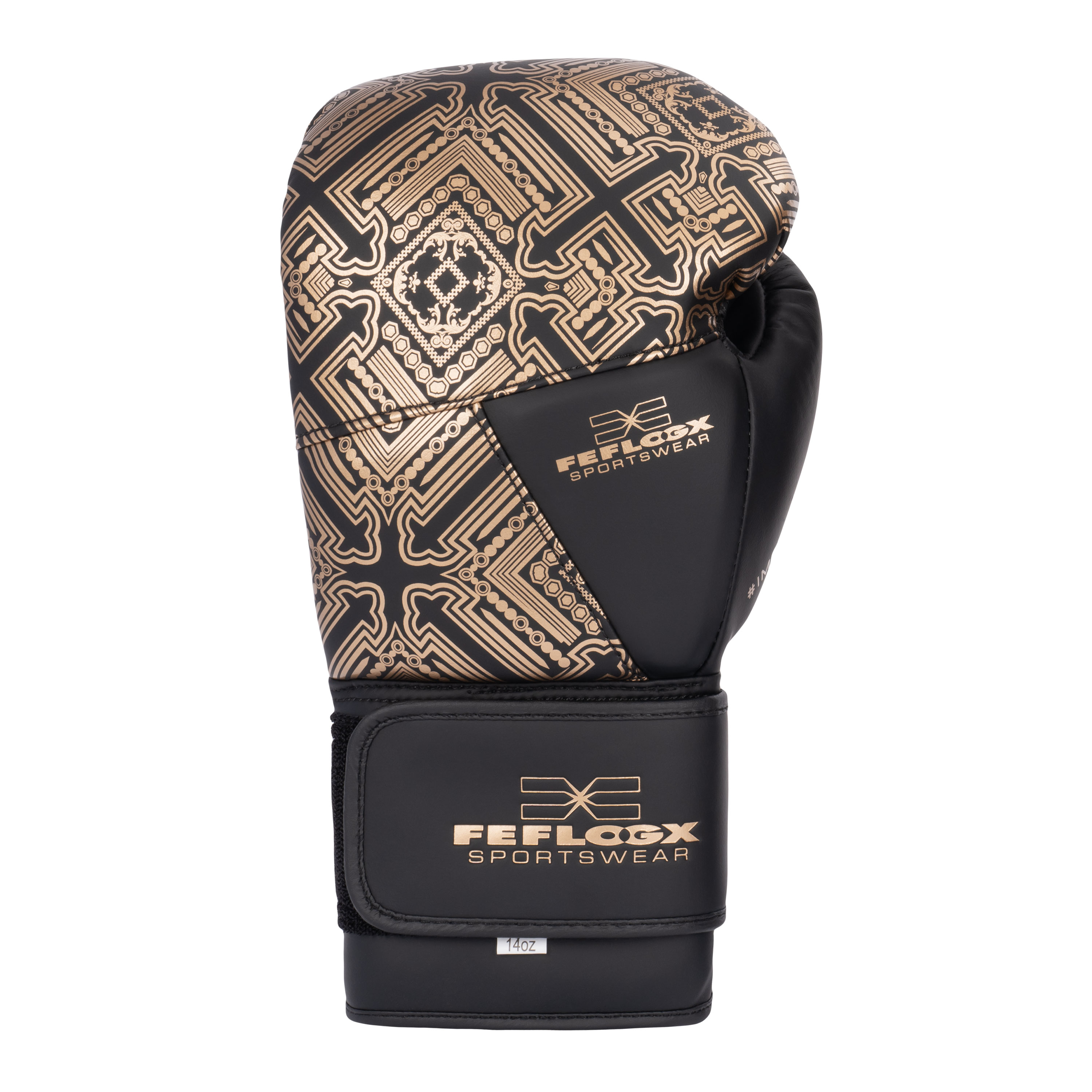 FFX High Level Profi Boxhandschuhe Superior Striker by FEFLOGX, Kickboxhandschuhe, Handschuhe für Boxen & Kickboxen & Muay-Thai, High-professional Boxing Gloves Elite, Handrücken-Ansicht der Thaibox Handschuhe mit goldenem Versace Muster. FFX High Level Profi Boxhandschuhe Superior Striker
