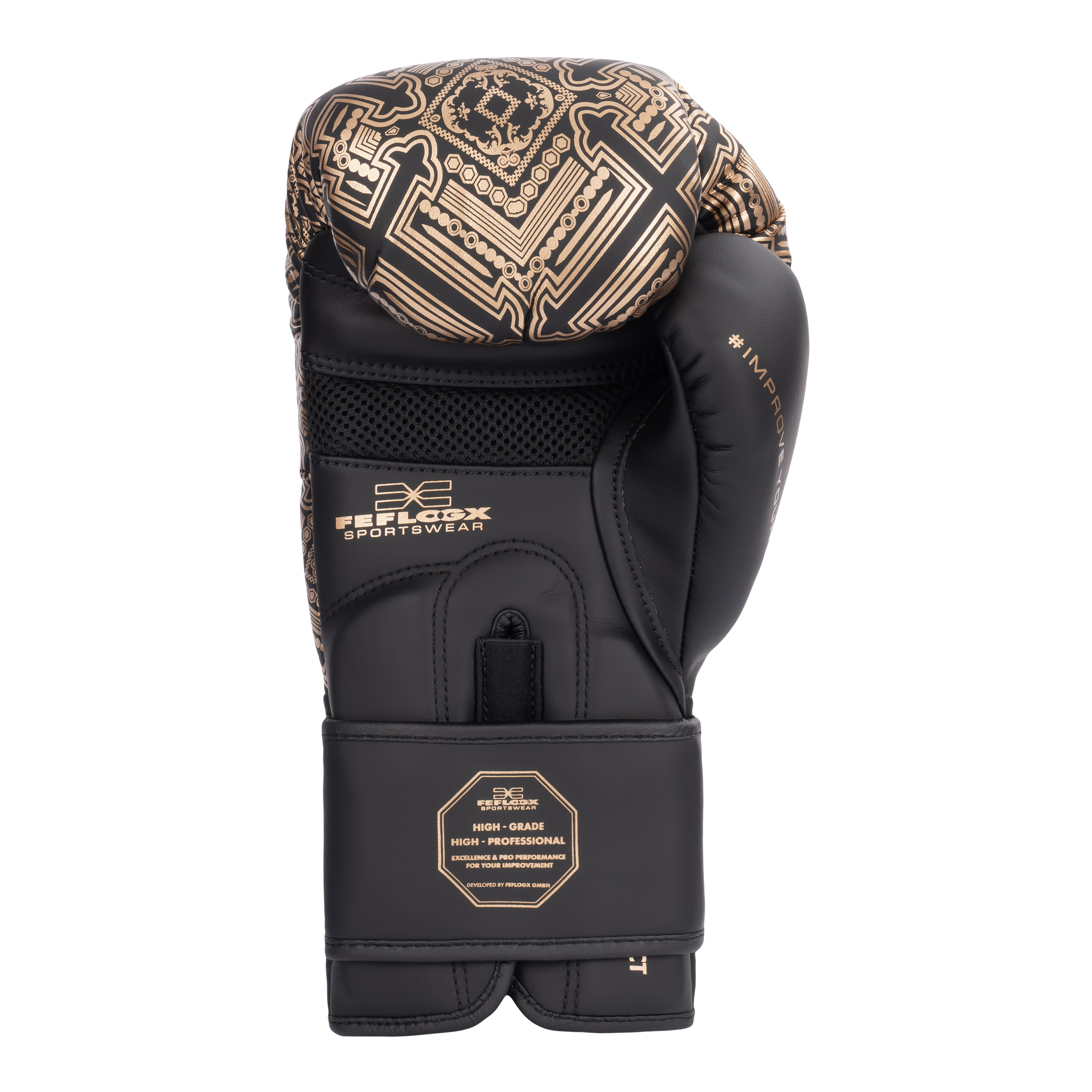 FFX High Level Profi Boxhandschuhe Superior Striker by FEFLOGX, Kickboxhandschuhe, Handschuhe für Boxen & Kickboxen & Muay-Thai, High-professional Boxing Gloves Elite, Handflächen-Ansicht der Thaibox Handschuhe mit goldenem Versace Muster. FFX High Level Profi Boxhandschuhe Superior Striker