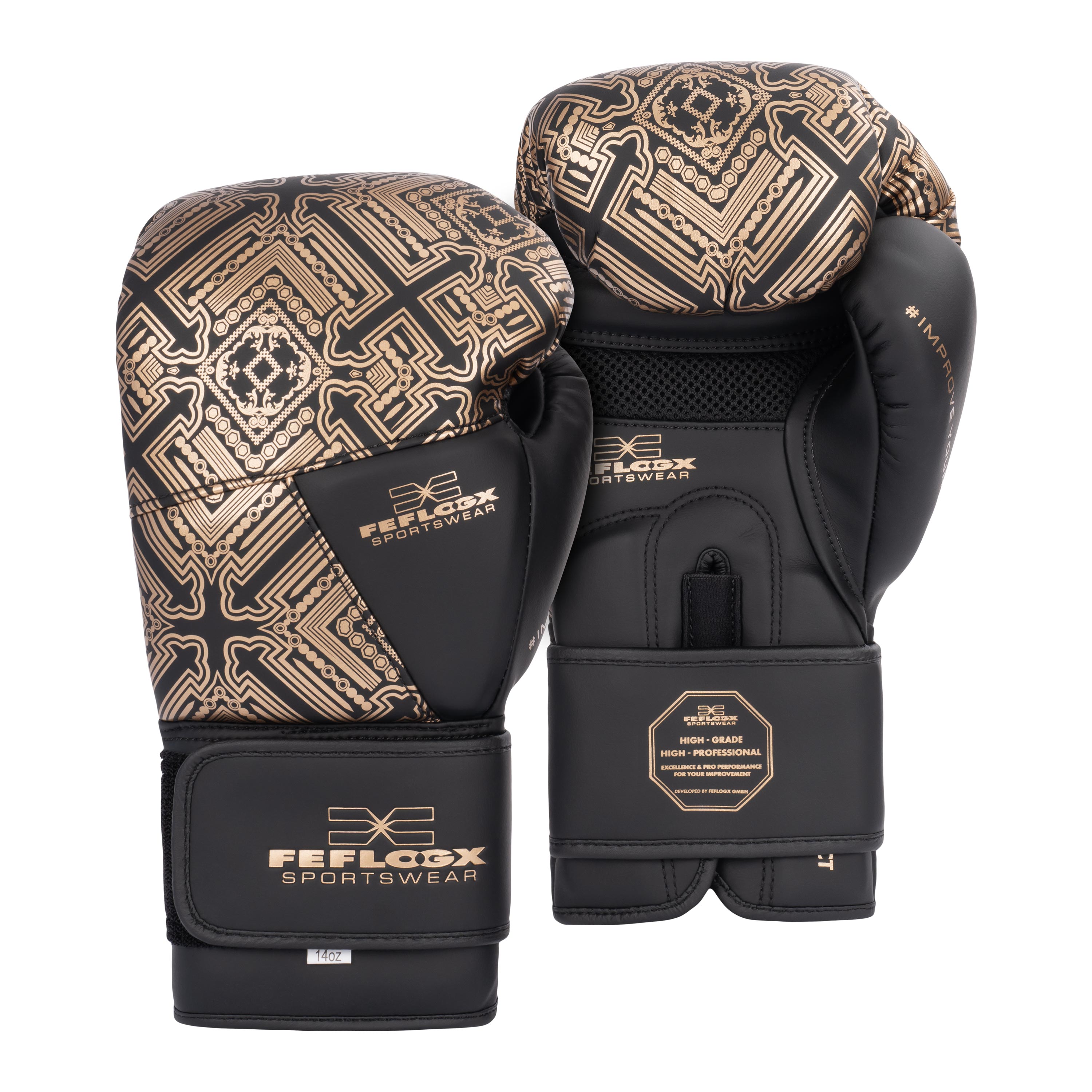 FFX High Level Profi Boxhandschuhe Superior Striker by FEFLOGX, Kickboxhandschuhe, Handschuhe für Boxen & Kickboxen & Muay-Thai, High-professional Boxing Gloves Elite, Handflächen- & Handrücken-Ansicht der Thaibox Handschuhe mit goldenem Versace Muster. FFX High Level Profi Boxhandschuhe Superior Striker