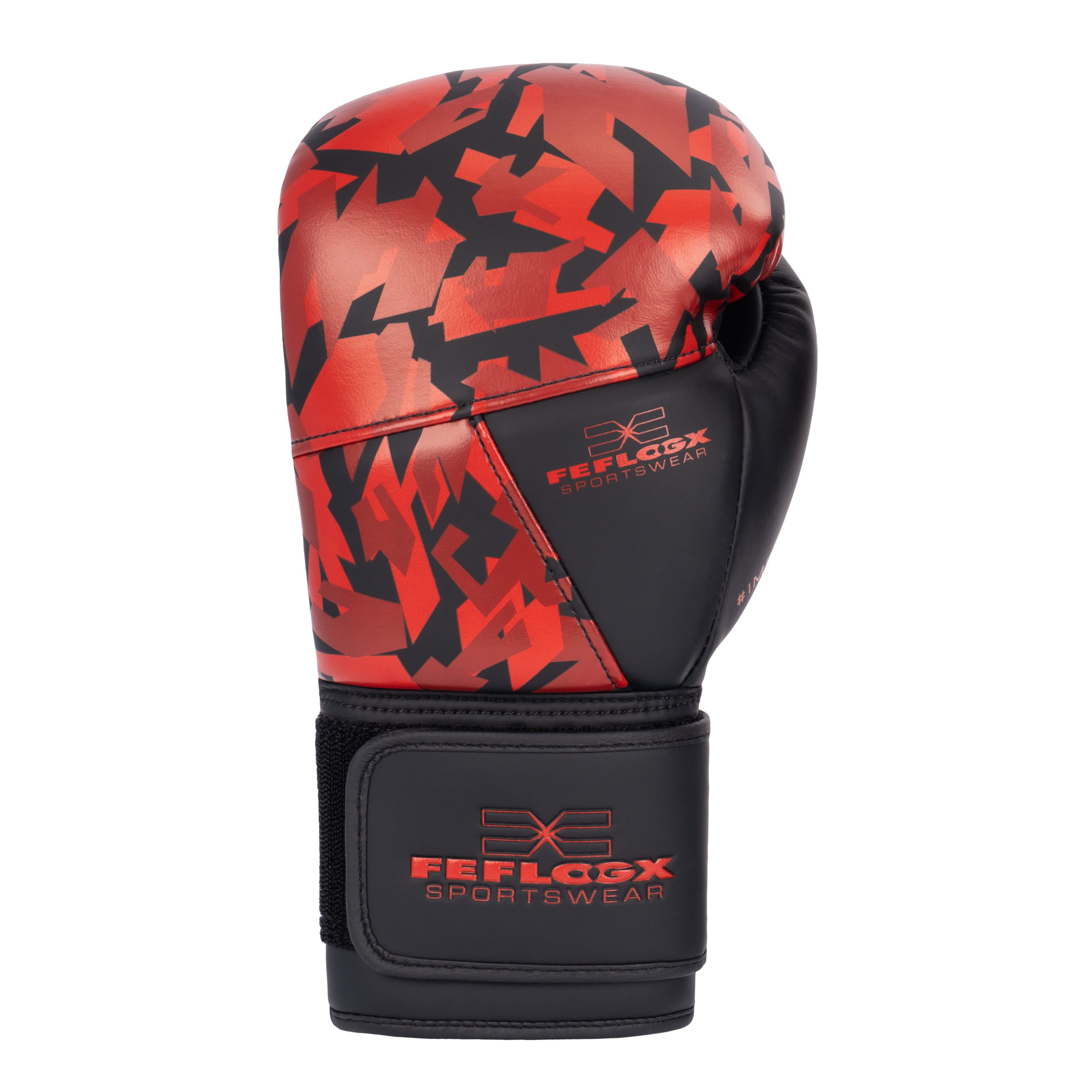 FFX High Level Profi Boxhandschuhe Superior Striker by FEFLOGX, Kickboxhandschuhe, Handschuhe für Boxen & Kickboxen & Muay-Thai, High-professional Boxing Gloves Elite, Handrücken-Ansicht der Thaibox Handschuhe mit rotem Camouflage Muster. FFX High Level Profi Boxhandschuhe Superior Striker