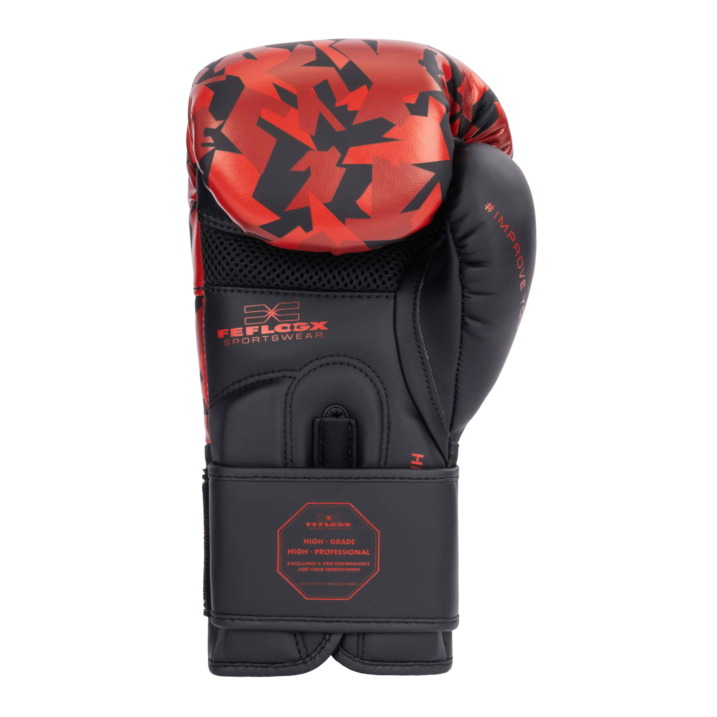FFX High Level Profi Boxhandschuhe Superior Striker by FEFLOGX, Kickboxhandschuhe, Handschuhe für Boxen & Kickboxen & Muay-Thai, High-professional Boxing Gloves Elite, Handflächen-Ansicht der Thaibox Handschuhe mit rotem Camouflage Muster. FFX High Level Profi Boxhandschuhe Superior Striker