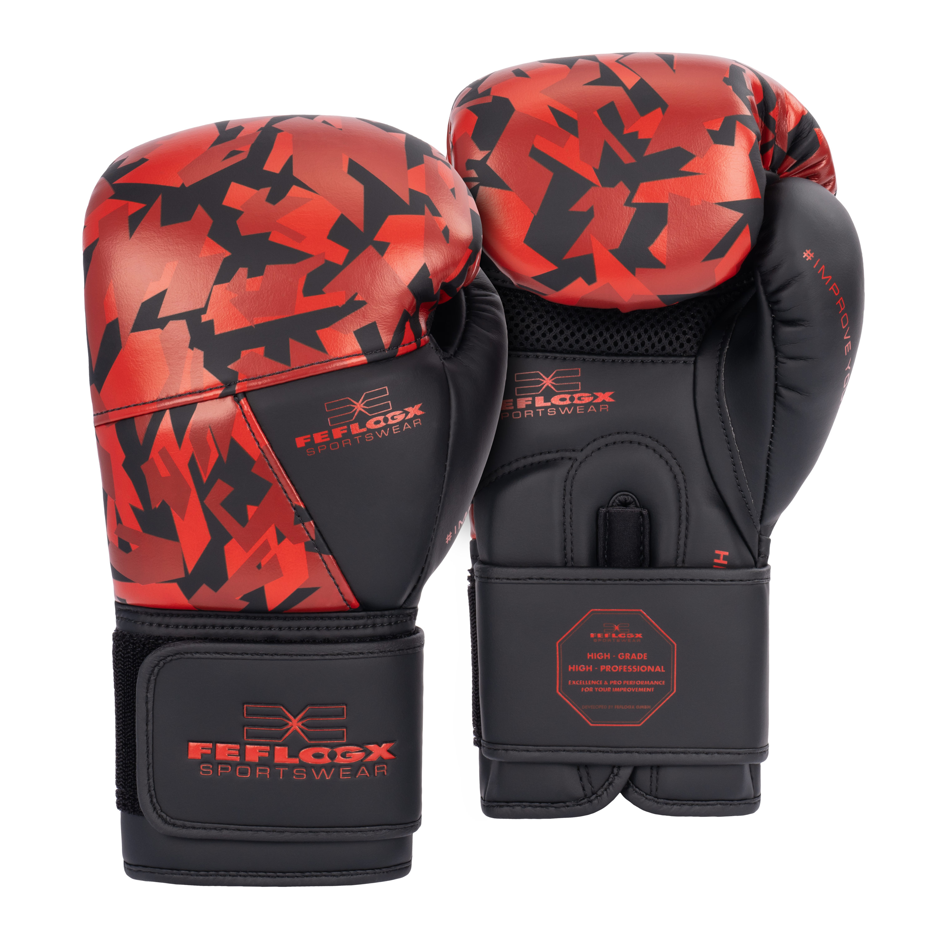 FFX High Level Profi Boxhandschuhe Superior Striker by FEFLOGX, Kickboxhandschuhe, Handschuhe für Boxen & Kickboxen & Muay-Thai, High-professional Boxing Gloves Elite, Handflächen- & Handrücken-Ansicht der Thaibox Handschuhe mit rotem Camouflage Muster. FFX High Level Profi Boxhandschuhe Superior Striker