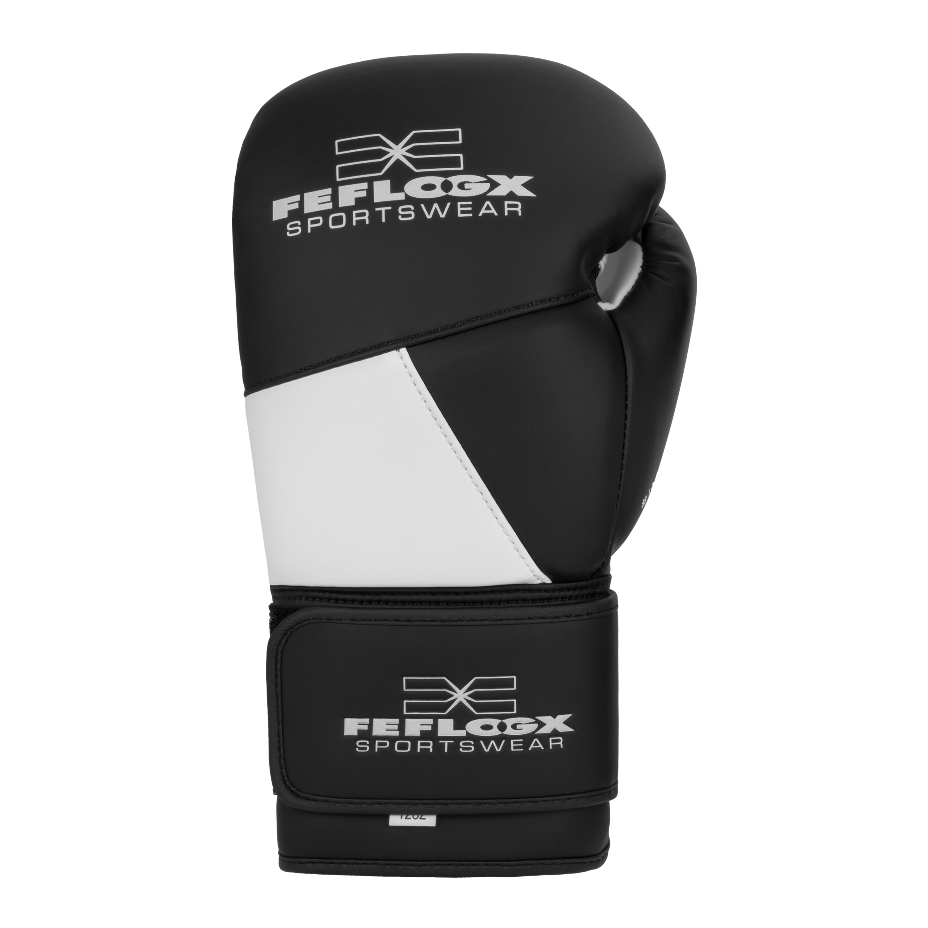 FFX High Level Profi Boxhandschuhe Superior Striker by FEFLOGX, Kickboxhandschuhe, Handschuhe für Boxen & Kickboxen & Muay-Thai, High-professional Boxing Gloves Elite, Handrücken-Ansicht des schwarzen-weißen Thaibox Handschuhe. FFX High Level Profi Boxhandschuhe Superior Striker