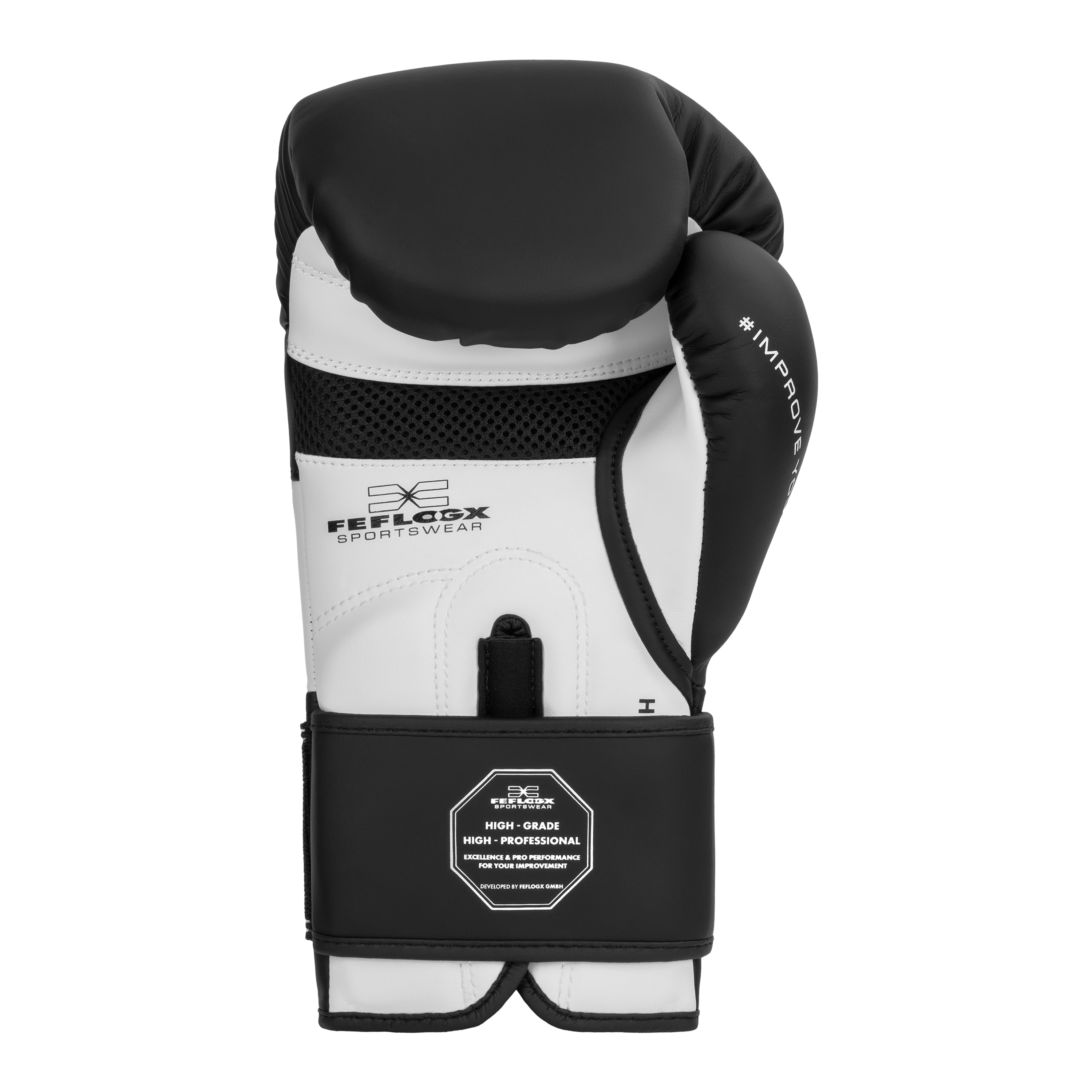 FFX High Level Profi Boxhandschuhe Superior Striker by FEFLOGX, Kickboxhandschuhe, Handschuhe für Boxen & Kickboxen & Muay-Thai, High-professional Boxing Gloves Elite, Handflächen-Ansicht des schwarzen-weißen Thaibox Handschuhe. FFX High Level Profi Boxhandschuhe Superior Striker