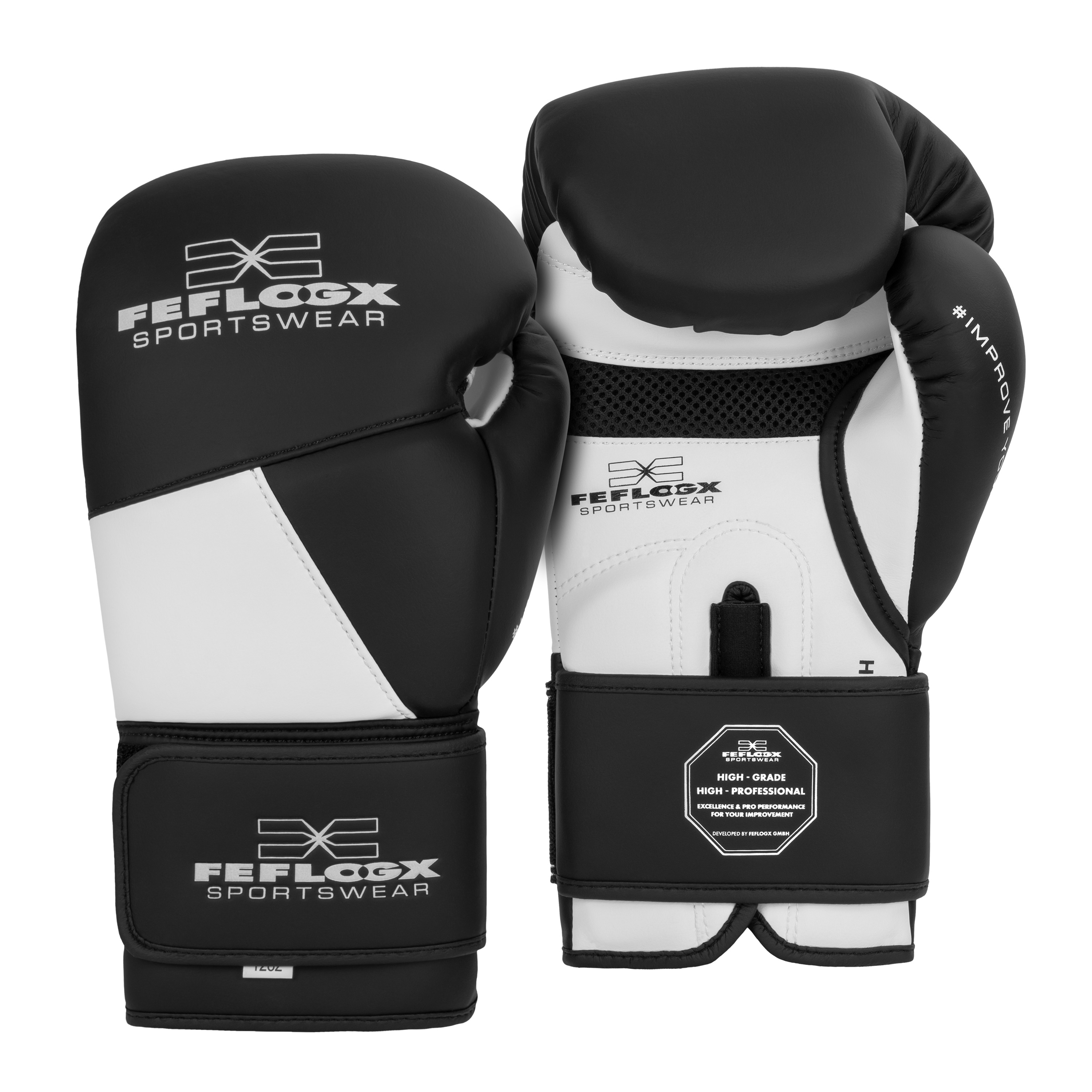 FFX High Level Profi Boxhandschuhe Superior Striker by FEFLOGX, Kickboxhandschuhe, Handschuhe für Boxen & Kickboxen & Muay-Thai, High-professional Boxing Gloves Elite, Handrücken- & Handflächen-Ansicht der schwarzen-weißen Thaibox Handschuhe. FFX High Level Profi Boxhandschuhe Superior Striker