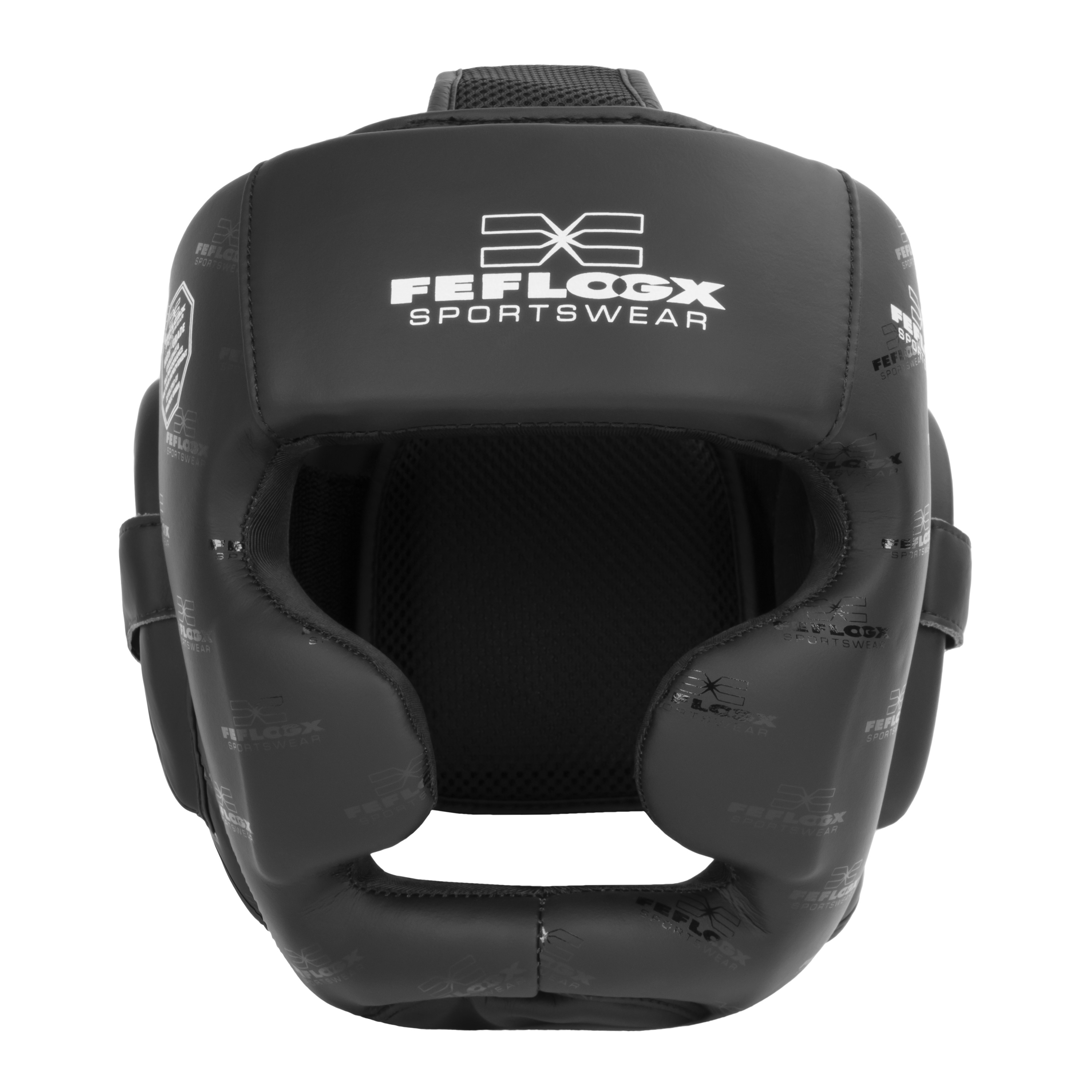 FFX Competition Kopfschutz Protection Force by FEFLOGX, Box Kopfschutz mit exzellenter Dämpfung für High-Performance, Kickbox Kopfschutz für Boxen Muay-Thai, MMA, Kickboxen, Taekwondo und vieles mehr, MMA Kopfschutz Kickboxen, vordere Ansicht des schwarzen Kopfschutz / Headguards. FFX Competition Kopfschutz Protection Force