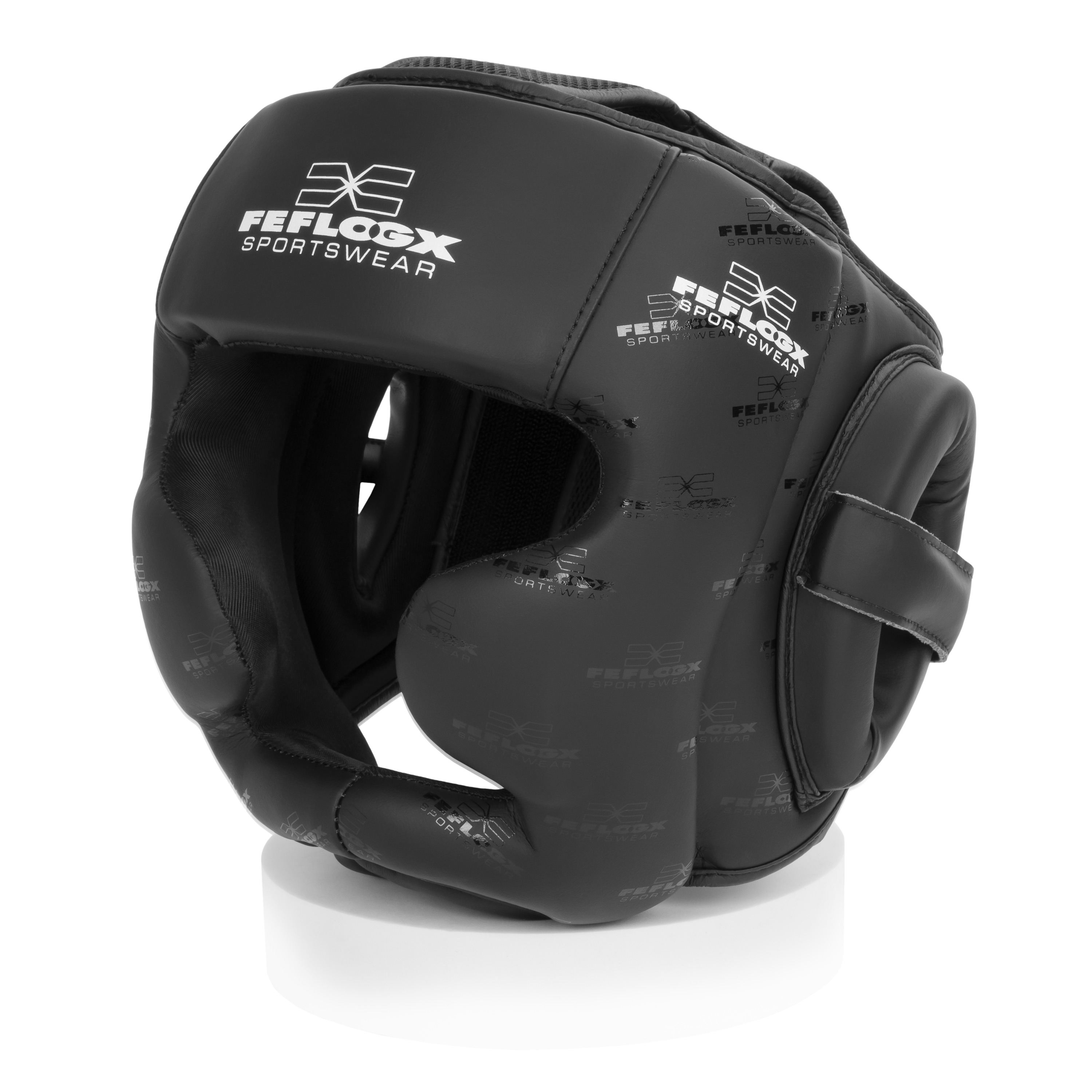 FFX Competition Kopfschutz Protection Force by FEFLOGX, Box Kopfschutz mit exzellenter Dämpfung für High-Performance, Kickbox Kopfschutz für Boxen Muay-Thai, MMA, Kickboxen, Taekwondo und vieles mehr, MMA Kopfschutz Kickboxen, rechts schräge vordere Ansicht des schwarzen Kopfschutz / Headguards. FFX Competition Kopfschutz Protection Force