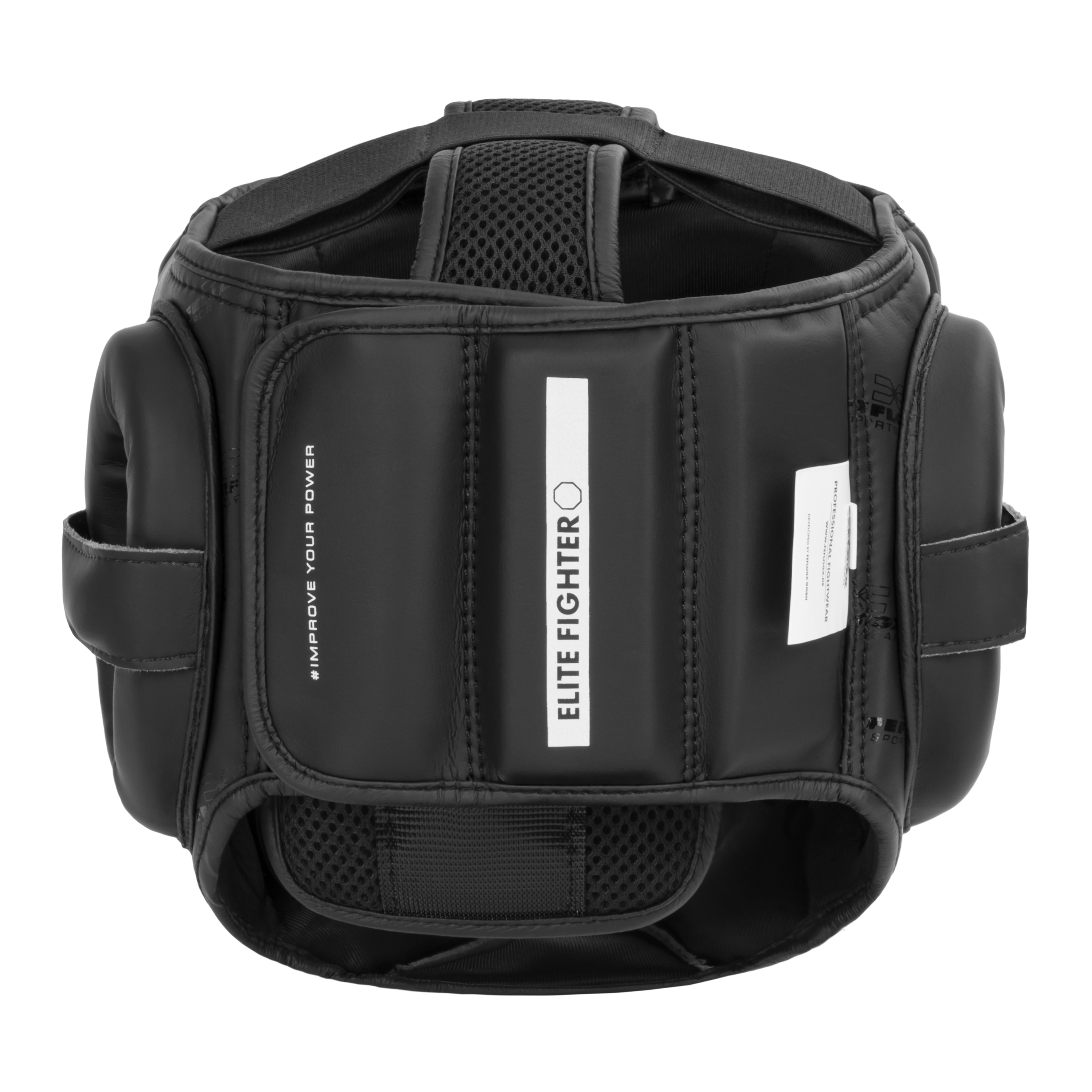 FFX Competition Kopfschutz Protection Force by FEFLOGX, Box Kopfschutz mit exzellenter Dämpfung für High-Performance, Kickbox Kopfschutz für Boxen Muay-Thai, MMA, Kickboxen, Taekwondo und vieles mehr, MMA Kopfschutz Kickboxen, hintere Ansicht des schwarzen Kopfschutz / Headguards. FFX Competition Kopfschutz Protection Force