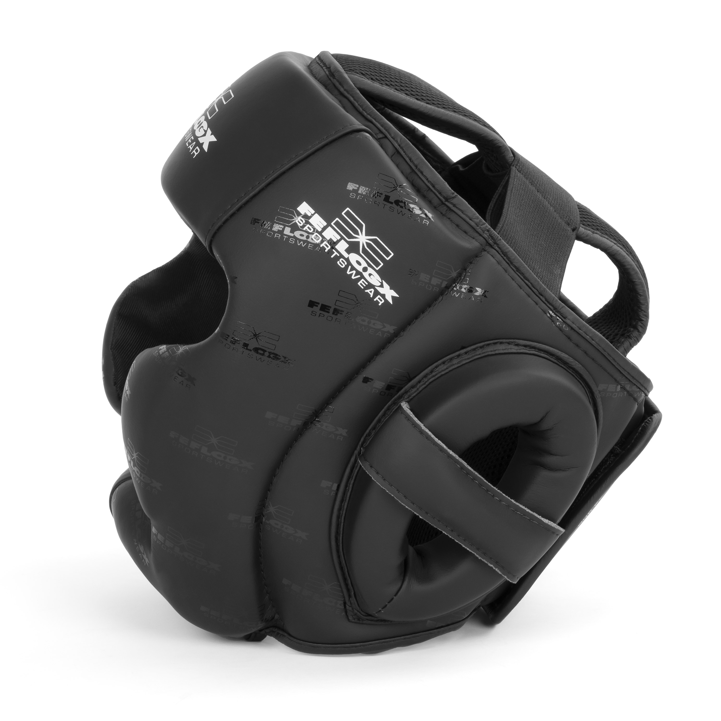 FFX Competition Kopfschutz Protection Force by FEFLOGX, Box Kopfschutz mit exzellenter Dämpfung für High-Performance, Kickbox Kopfschutz für Boxen Muay-Thai, MMA, Kickboxen, Taekwondo und vieles mehr, MMA Kopfschutz Kickboxen, seitliche Ansicht des schwarzen Kopfschutz / Headguards mit dem Ohren-Schutz. FFX Competition Kopfschutz Protection Force
