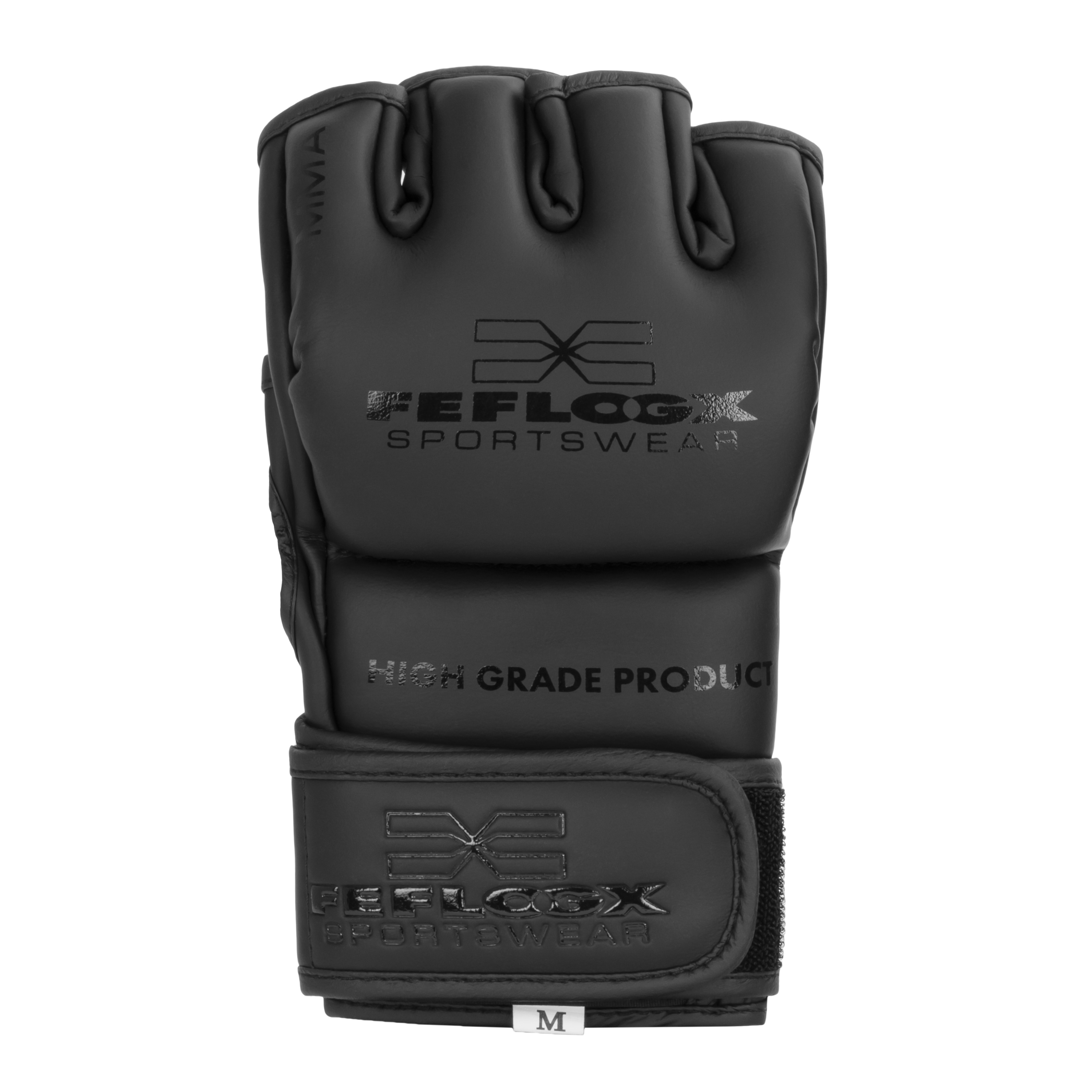 FFX Pro MMA Fight Handschuhe Superior Performance by FEFLOGX Sportswear, hochwertigstes & extrem strapazierfähiges FFX-Leder, MMA Boxhandschuhe, MMA Handschuhe, Kampfsport Handschuhe, MMA Gloves, super-bequeme MMA Kampfhandschuhe, anatomisch vorgeformt & ergonomisch entwickelt, max. Schutz & elegantes Design, in schwarz, schwarz-weiß & olivgrün, Beste Polsterung für max. Power & exzellente Performance, Handrücken Einzel-Ansicht der schwarzen MMA Grapplinghandschuhe ohne Daumenschutz. FFX Pro MMA Trainingshandschuhe Superior Performance