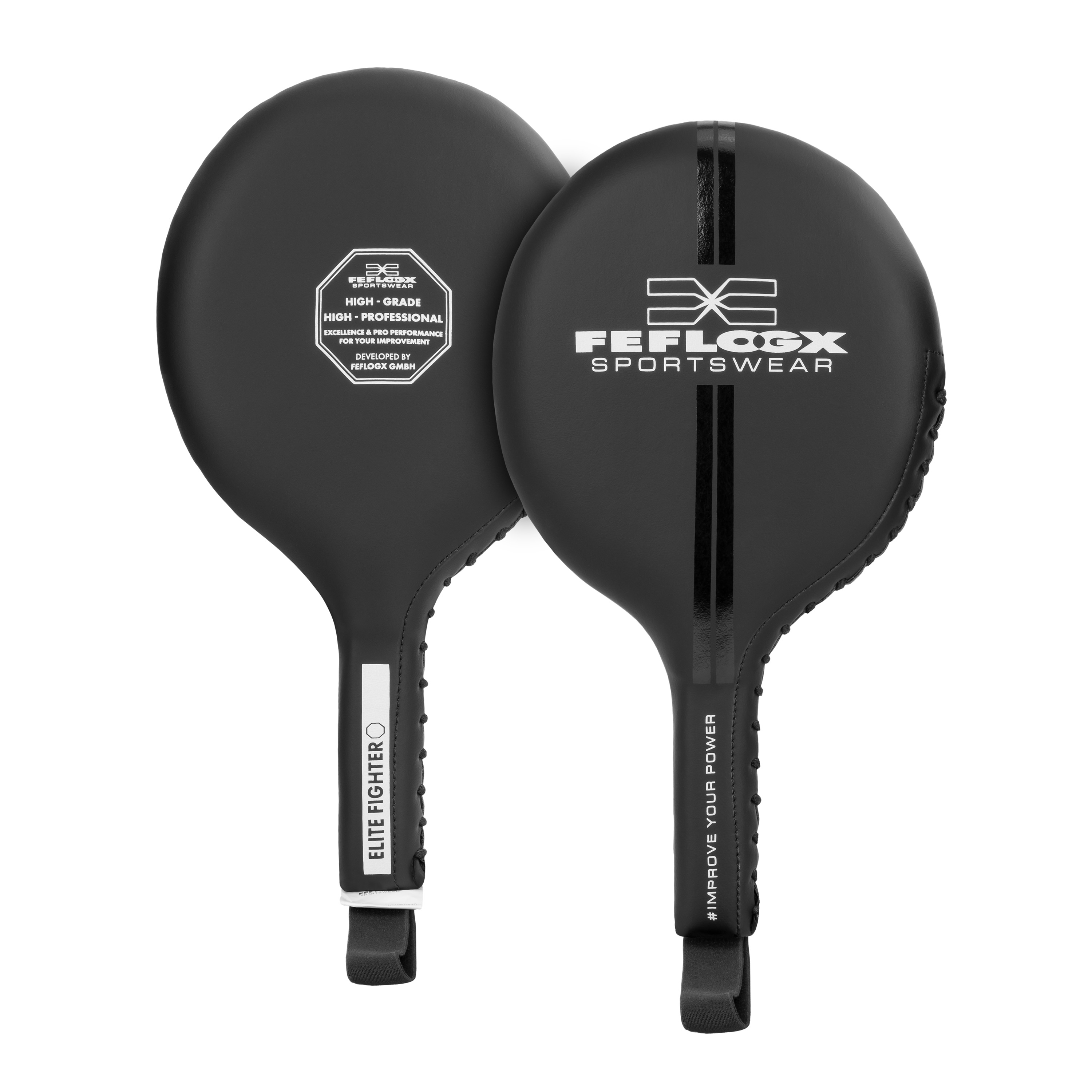 FFX Target Box Paddles Hand Pratzen Pro Coaching by FEFLOGX, Teller Box Pratzen für Boxen mit Superior Profi-Qualität, Pratzen Boxen, Handpratzen, Boxpratzen, Boxing Pads für High Performance, Tellerpratzen, Ansichten von vorne & hinten der Elite Boxpratzen in schwarz. FFX Target Box Paddles Hand Pratzen Pro Coaching