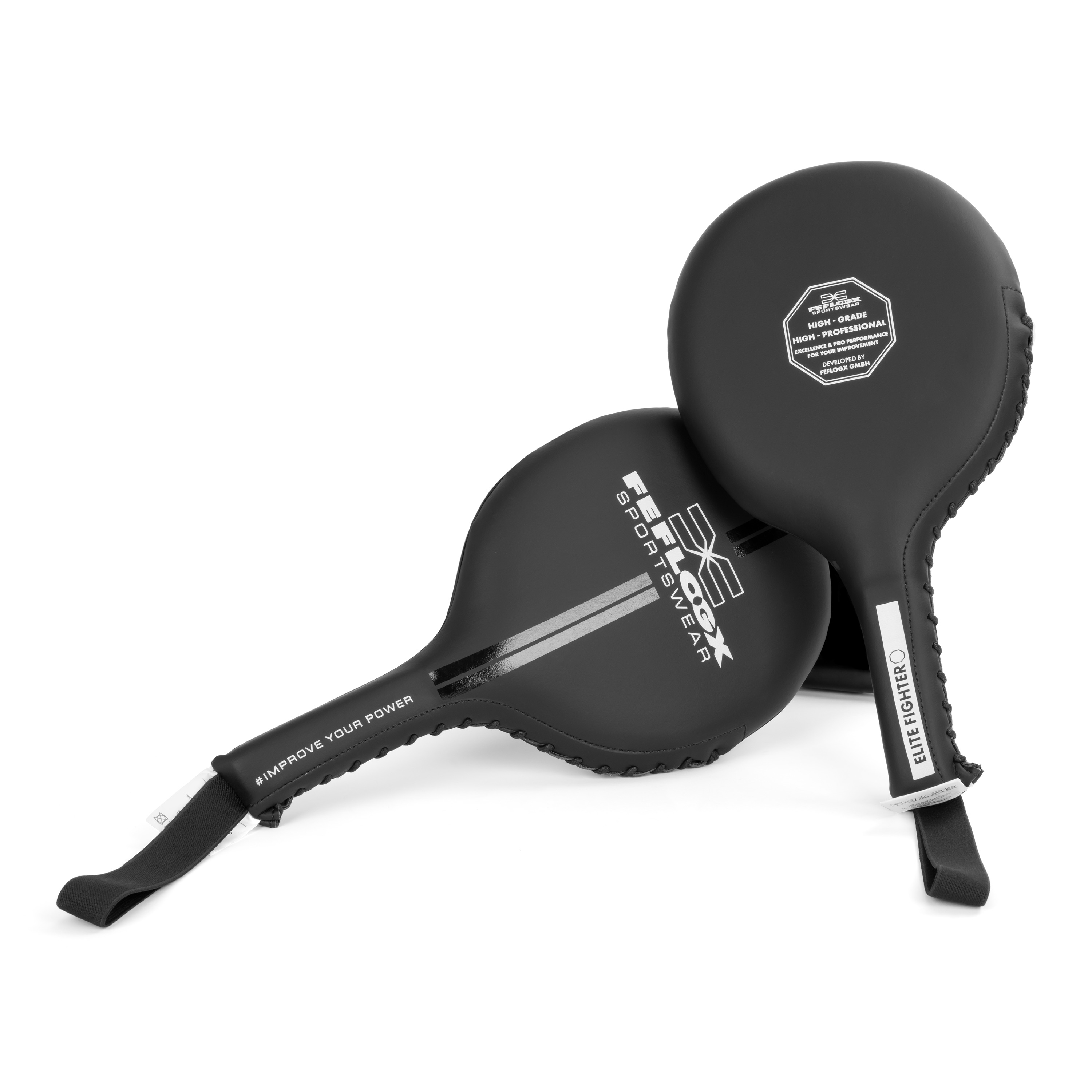 FFX Target Box Paddles Hand Pratzen Pro Coaching by FEFLOGX, Teller Box Pratzen für Boxen mit Superior Profi-Qualität, Pratzen Boxen, Handpratzen, Boxpratzen, Boxing Pads für High Performance, Tellerpratzen, schrägen Ansichten von vorne & hinten der Elite Boxpratzen in schwarz. FFX Target Box Paddles Hand Pratzen Pro Coaching