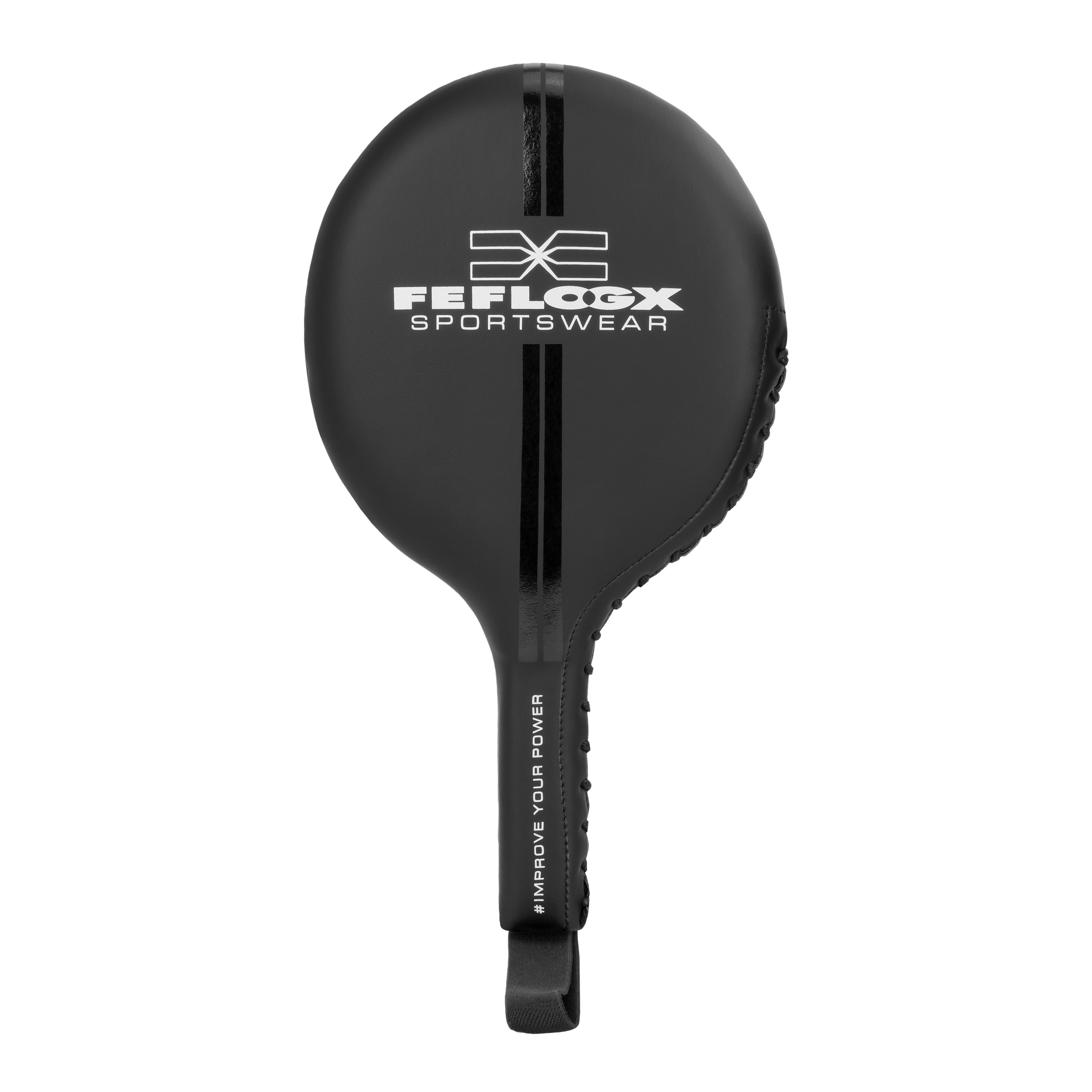 FFX Target Box Paddles Hand Pratzen Pro Coaching by FEFLOGX, Teller Box Pratzen für Boxen mit Superior Profi-Qualität, Pratzen Boxen, Handpratzen, Boxing Pads für High Performance, Tellerpratzen, vordere Ansicht der Elite Boxpratzen in schwarz. FFX Target Box Paddles Hand Pratzen Pro Coaching