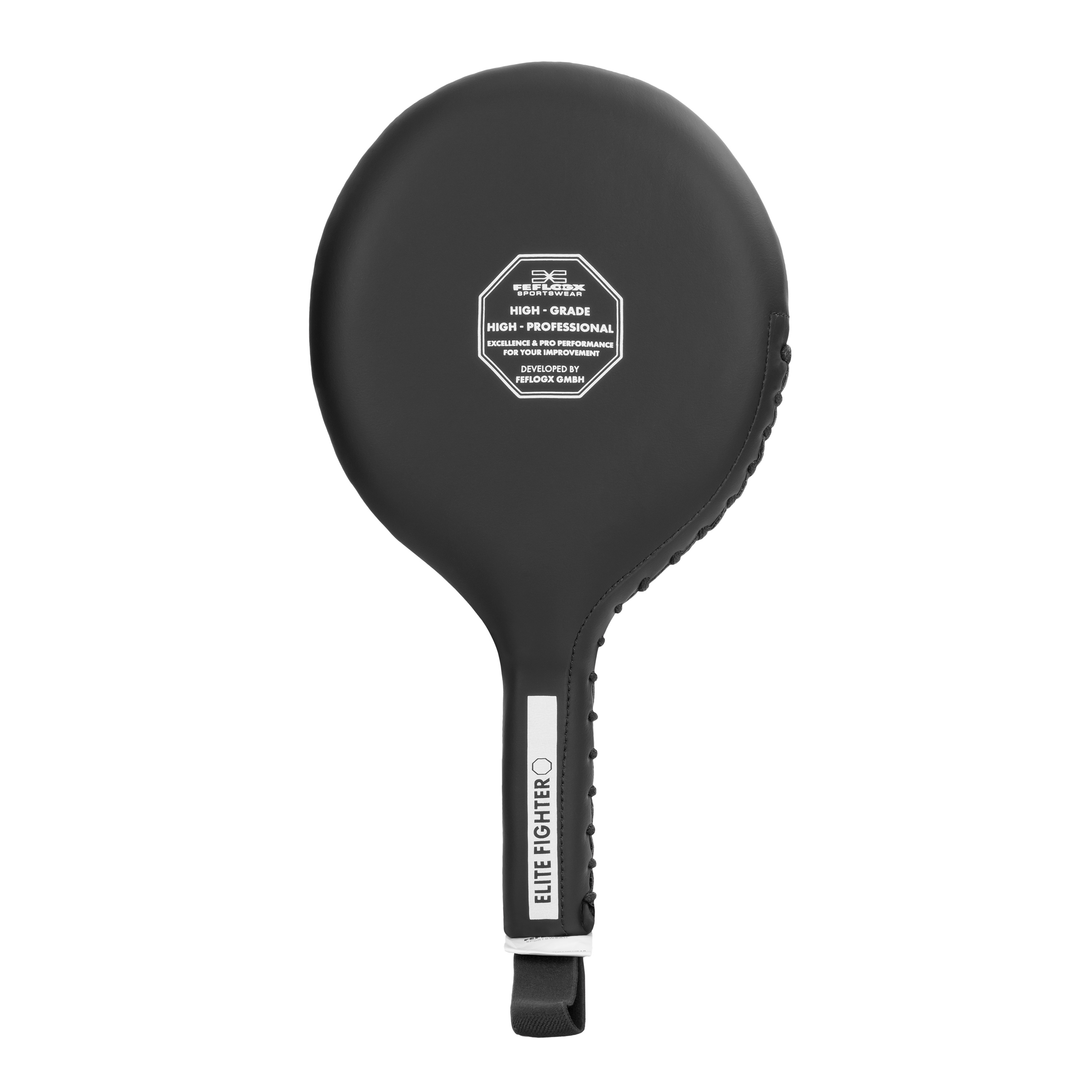 FFX Target Box Paddles Hand Pratzen Pro Coaching by FEFLOGX, Teller Box Pratzen für Boxen mit Superior Profi-Qualität, Pratzen Boxen, Handpratzen, Boxing Pads für High Performance, Tellerpratzen, hintere Ansicht der Elite Boxpratzen in schwarz. FFX Target Box Paddles Hand Pratzen Pro Coaching