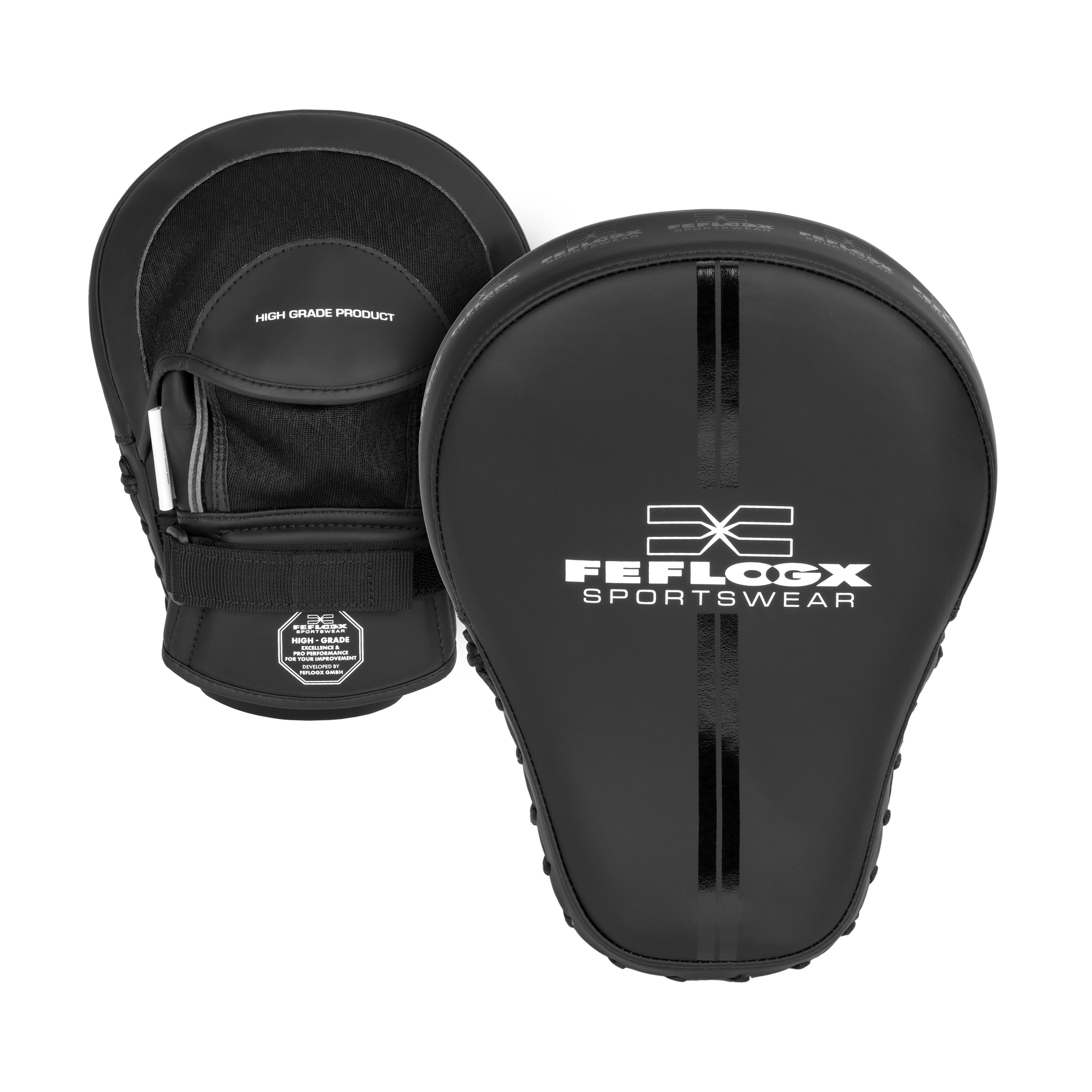 FFX Profi Focus Boxpratzen High Performance Striker by FEFLOGX, Pratzen für Boxen mit Superior Profi-Qualität, Pratzen Boxen, Handpratzen, Boxing Pads für High Performance, Focus Mitts, vordere & hintere Ansicht der Elite Boxpratzen in schwarz. FFX Profi Focus Boxpratzen Superior Performance