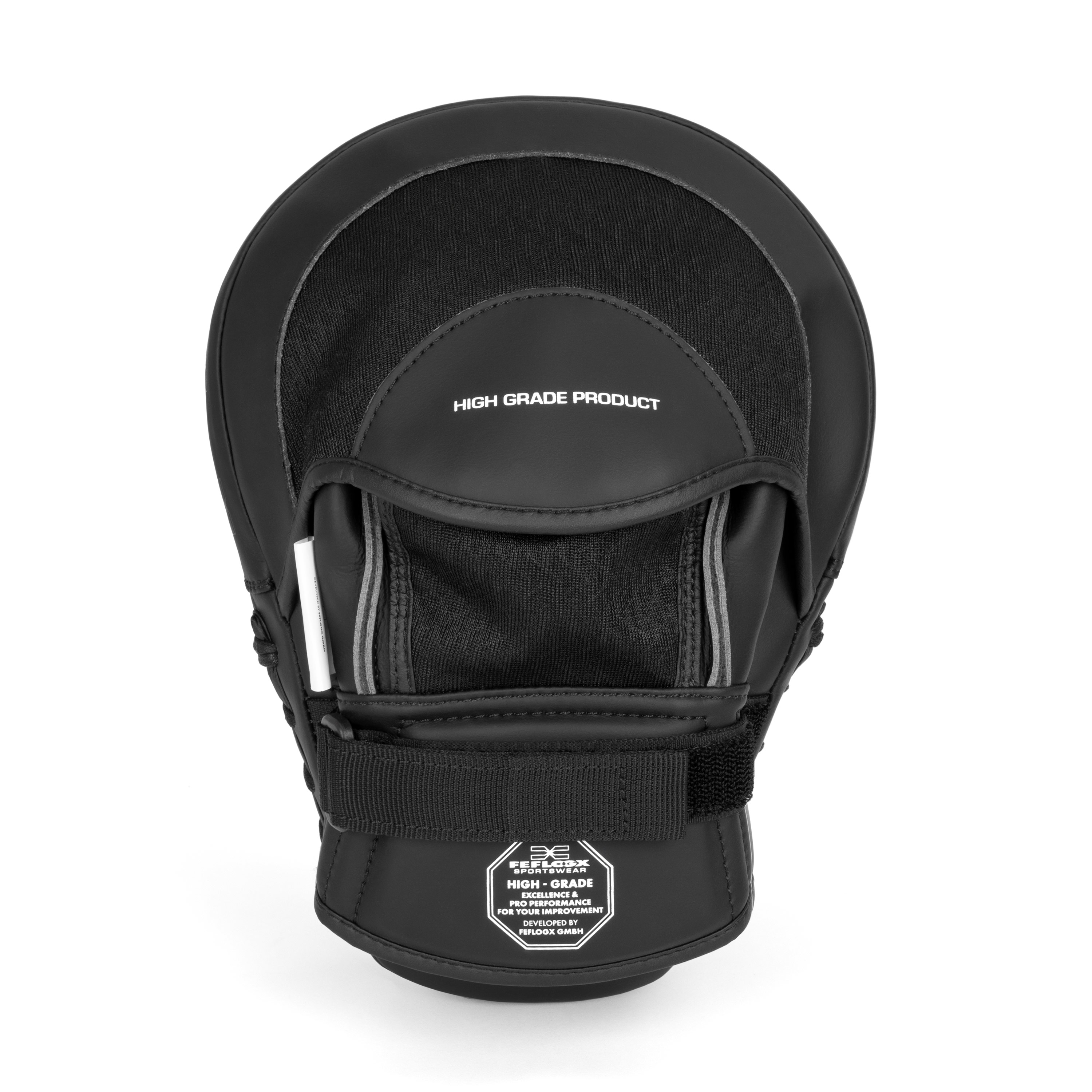 FFX Profi Focus Boxpratzen High Performance Striker by FEFLOGX, Pratzen für Boxen mit Superior Profi-Qualität, Pratzen Boxen, Handpratzen, Boxing Pads für High Performance, Focus Mitts, Handrücken Ansicht der Elite Boxpratzen in schwarz. FFX Profi Focus Boxpratzen Superior Performance
