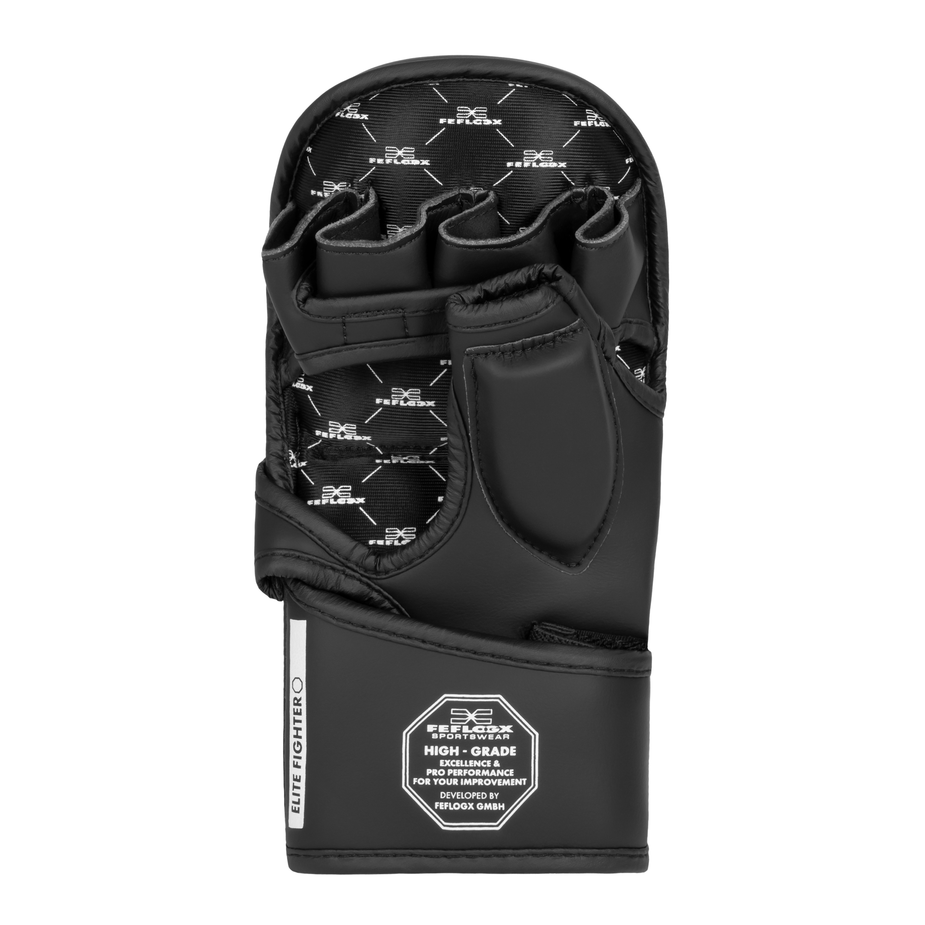FFX Pro MMA Sparrings-Handschuhe Superior Performance by FEFLOGX Sportswear, hochwertigstes & extrem strapazierfähiges FFX-Leder, MMA Boxhandschuhe, MMA Handschuhe, MMA Sparring Handschuhe, Sparring Gloves, super-bequem, anatomisch vorgeformt & ergonomisch entwickelt, max. Schutz & elegantes Design, in schwarz, schwarz-weiß & olivgrün, Beste Polsterung für max. Power & exzellente Performance, Handflächen Einzel-Ansicht der schwarz-weißen MMA Gloves. FFX Pro MMA Sparrings-Handschuhe Superior Performance