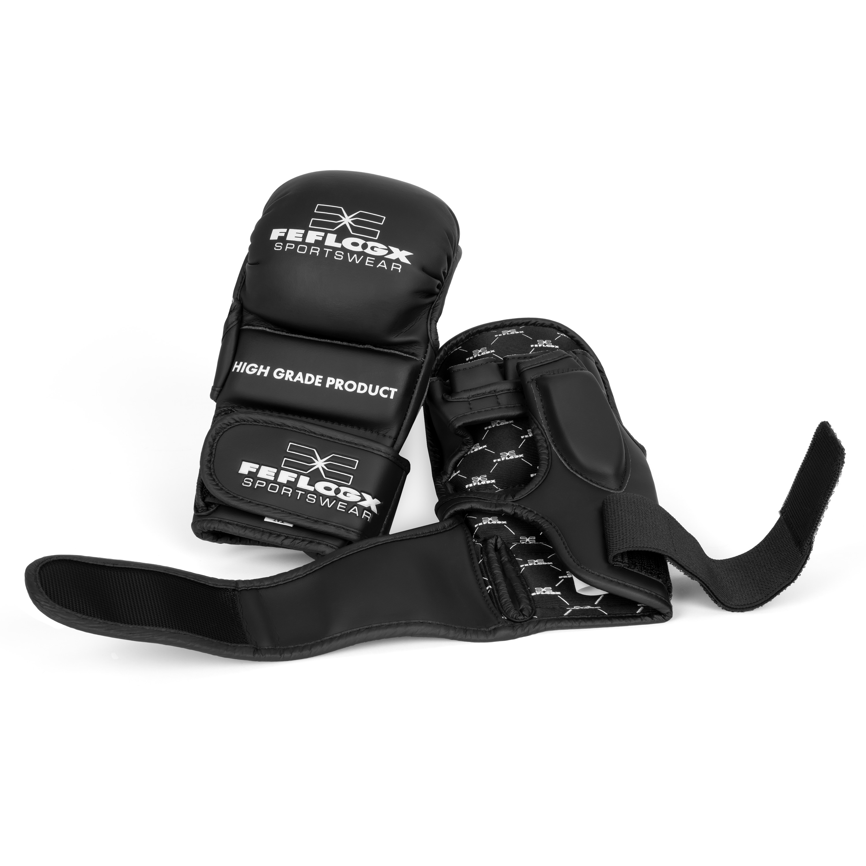 FFX Pro MMA Sparrings-Handschuhe Superior Performance by FEFLOGX Sportswear, hochwertigstes & extrem strapazierfähiges FFX-Leder, MMA Boxhandschuhe, MMA Handschuhe, MMA Sparring Handschuhe, Sparring Gloves, super-bequem, anatomisch vorgeformt & ergonomisch entwickelt, max. Schutz & elegantes Design, in schwarz, schwarz-weiß & olivgrün, Beste Polsterung für max. Power & exzellente Performance, vorne & hinten Paar-Ansicht der schwarz-weißen MMA Gloves (1). FFX Pro MMA Sparrings-Handschuhe Superior Performance