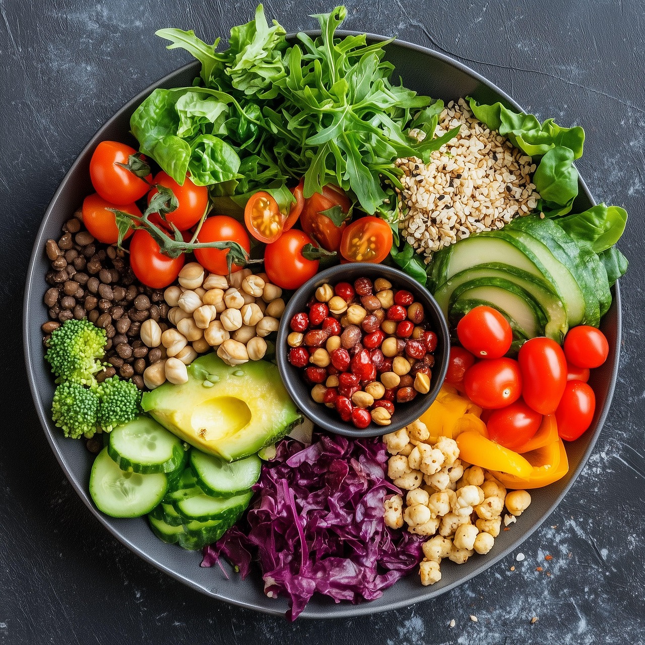 Vegane Buddha Bowl by FEFLOGX. Leckeres Gemüse, wie Avocado, Tomaten, Salat, Kichererbsen, Paprikas, Zwiebeln, Linsen, Gurke und vieles mehr. Gesunde Bowl, Fitness Bowl, Vegetarische Bowl,.