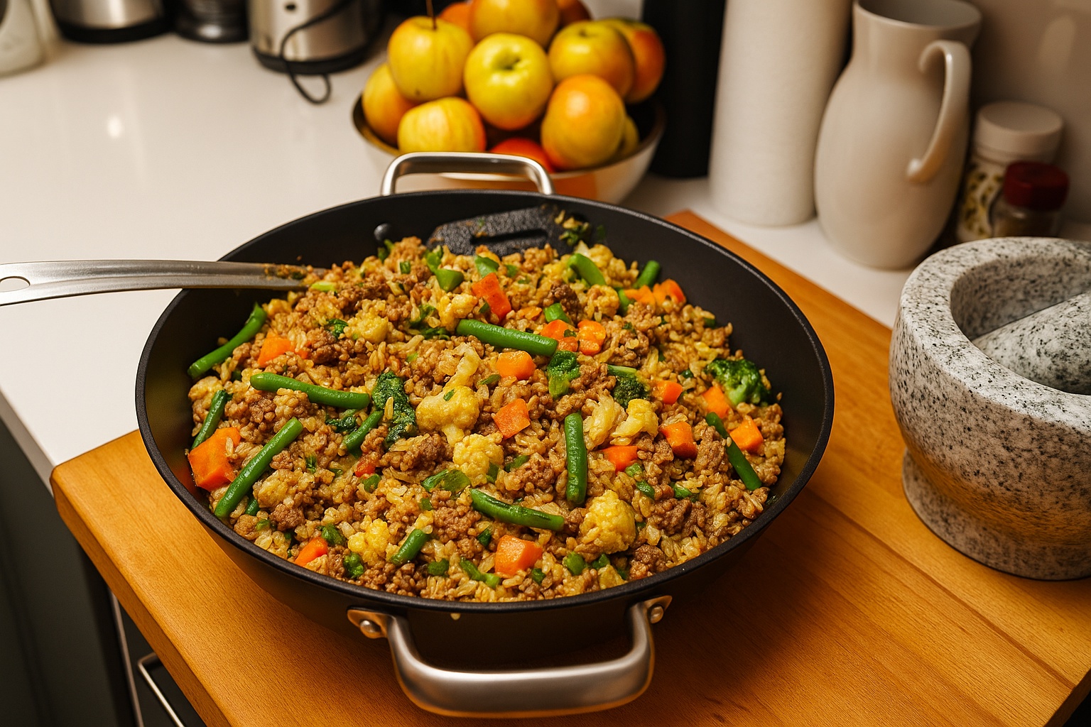 Leckere & proteinreiche Reispfanne mit Hühnchen, Brokkoli, Karotten und grünen Bohnen, FEFLOGX Fitness-Rezepte, Protein-Rezepte und Ernährungstipps für Sportler, Kämpfer & gesundheitsbewusste Menschen von FEFLOGX.