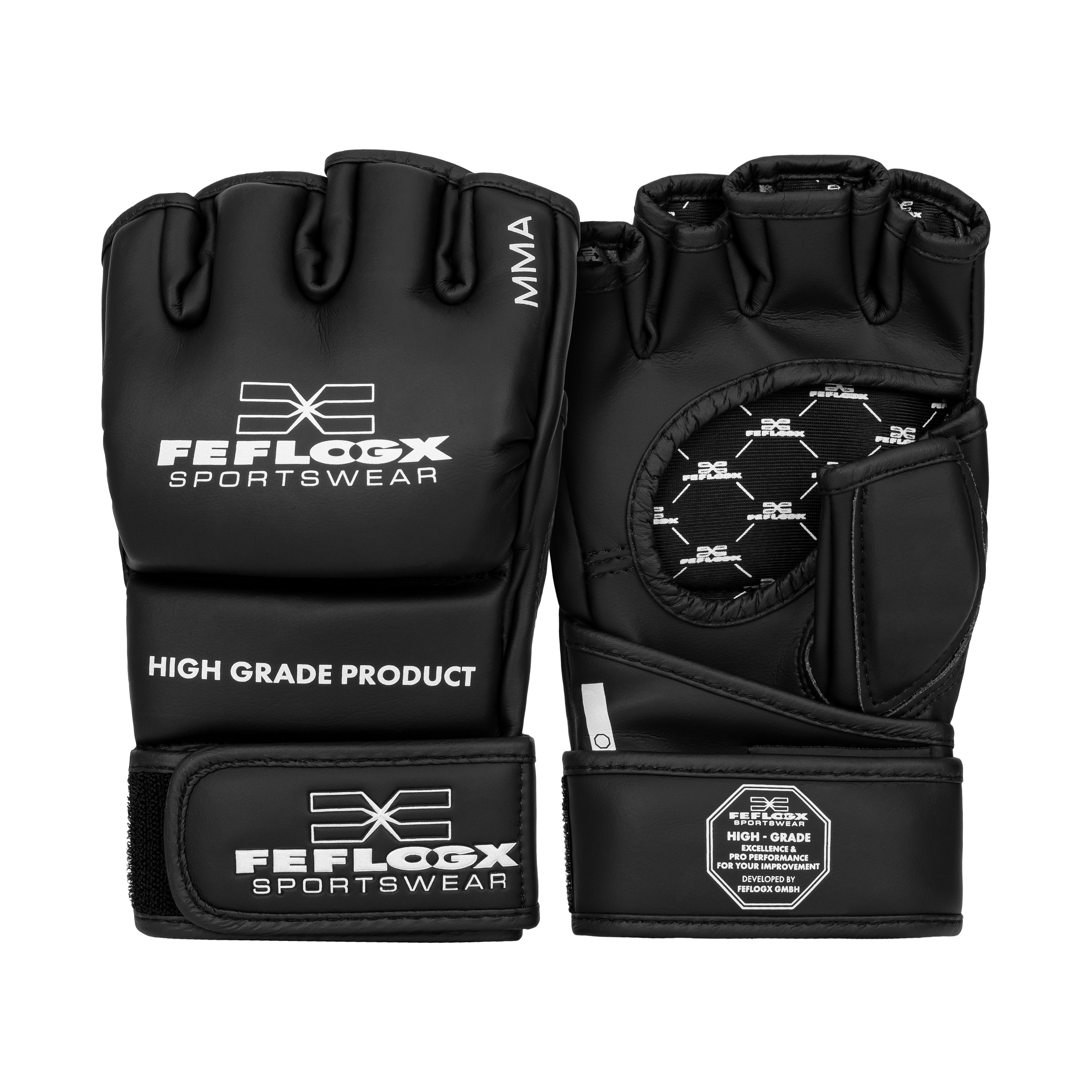 FFX Pro MMA Trainingshandschuhe Superior Performance by FEFLOGX Sportswear, hochwertigstes & extrem strapazierfähiges FFX-Leder, MMA Boxhandschuhe, MMA Handschuhe, Kampfsport Handschuhe, MMA Gloves, super-bequeme MMA Kampfhandschuhe, anatomisch vorgeformt & ergonomisch entwickelt, max. Schutz & elegantes Design, in schwarz, schwarz-weiß & olivgrün, Beste Polsterung für max. Power & exzellente Performance, Handflächen & Handrücken Paar-Ansicht der schwarz-weißen MMA Handschuhe Training mit Daumenschutz. FFX Pro MMA Trainingshandschuhe Superior Performance