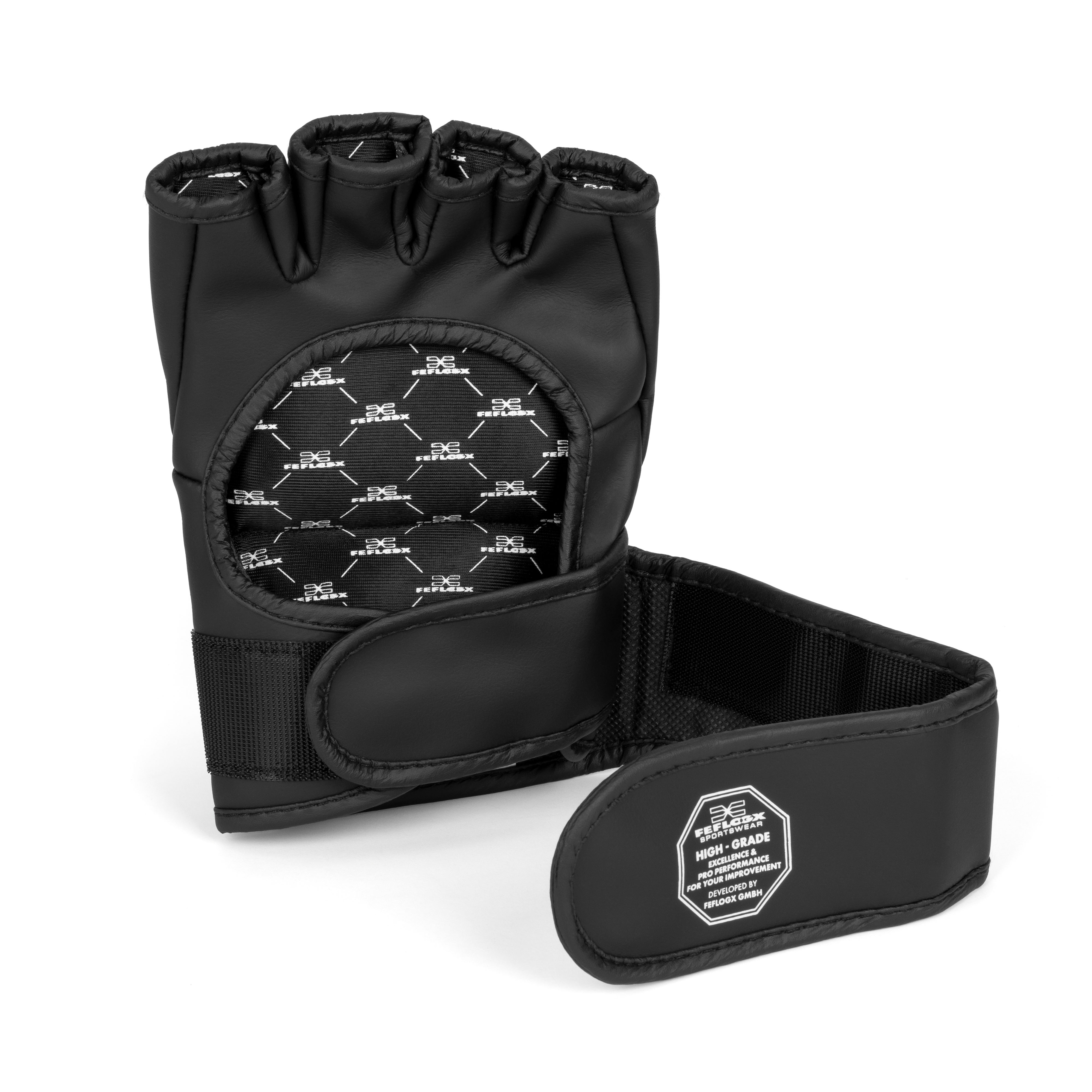 FFX Professional MMA Fight Handschuhe Superior Competitor by FEFLOGX, UFC MMA Handschuhe, MMA Gloves, UFC MMA Gloves, UFC MMA Fightgloves, UFC MMA Fight Gloves, UFC Kampf Handschuhe, UFC MMA Boxhandschuhe, Mixed Martial Arts Handschuhe, MMA Grappling Handschuhe. Ansicht der Handfläche des MMA Kampfhandschuhes mit Qualitätssiegel (1). FFX Professional MMA Fight Handschuhe Superior Competitor